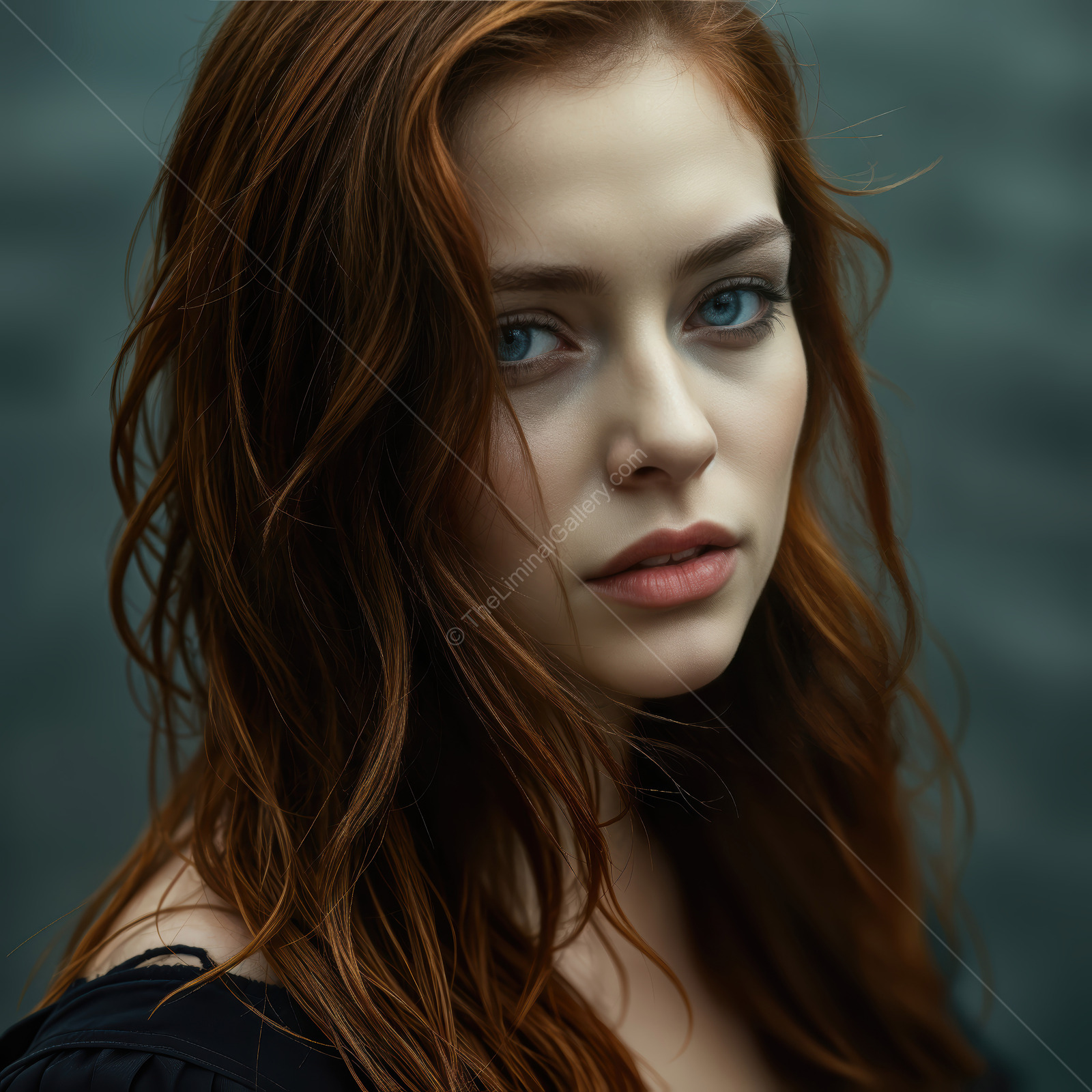 Close up portrait of a young woman with flowing red hair and striking blue eyes showcasing natural beauty in soft light