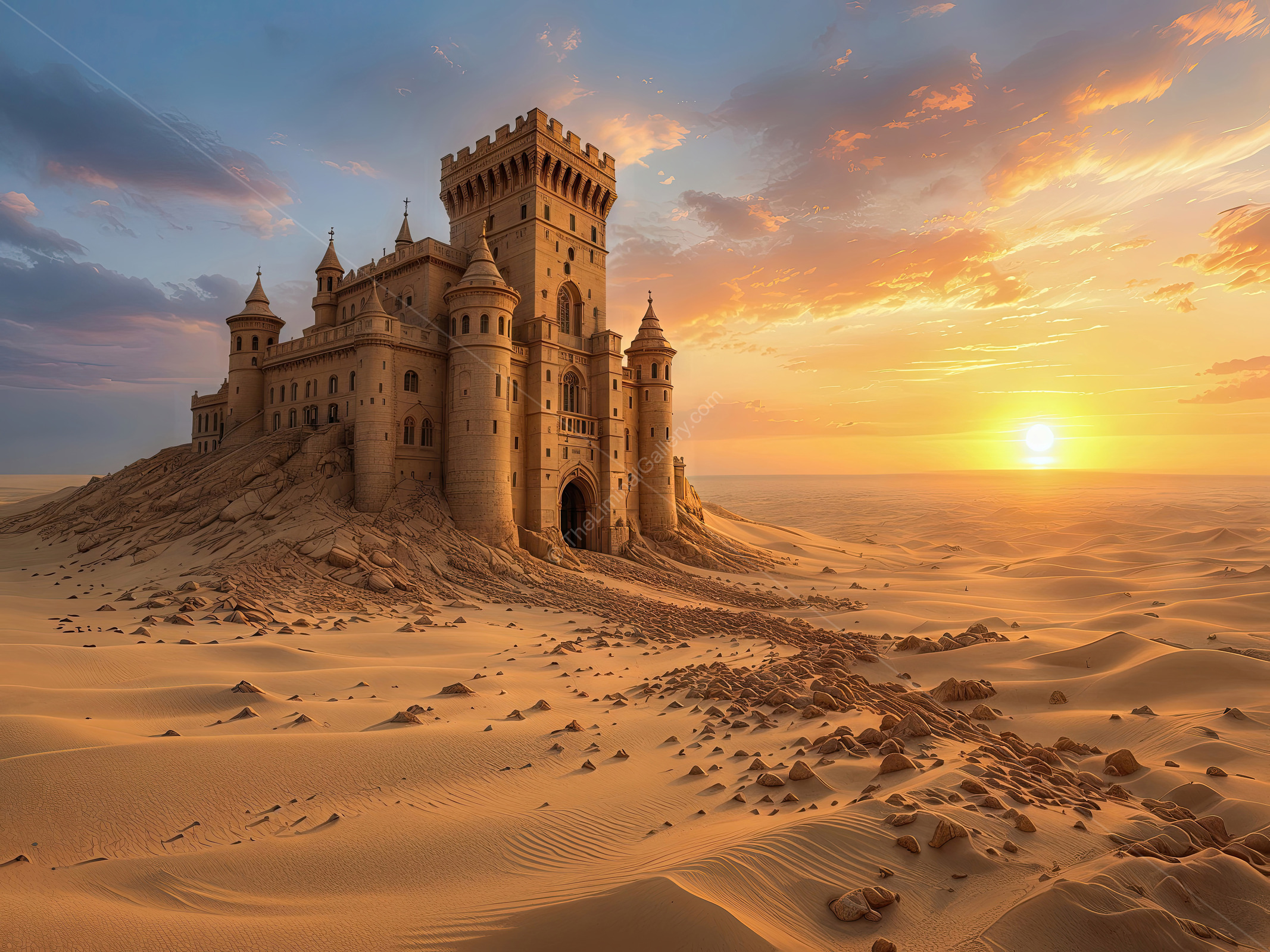Majestic sandcastle rises in the golden desert under a vibrant sunset sky