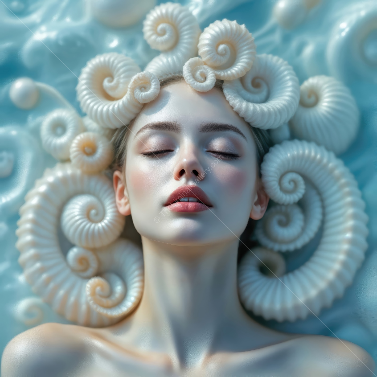 A serene woman with seashells in her hair floats peacefully in a turquoise pool of water, embodying the essence of nature's elegance and beauty