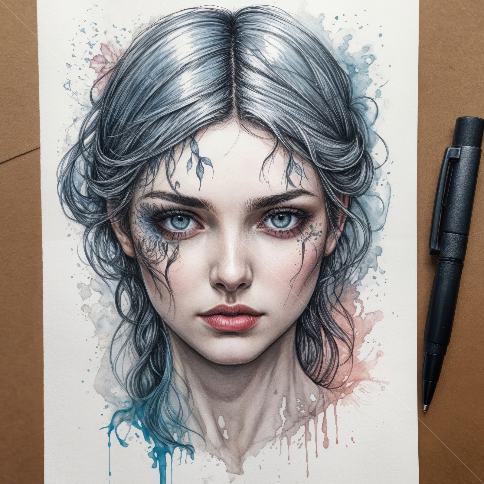 Stunning portrait of a young woman with silver hair and captivating blue eyes on textured paper
