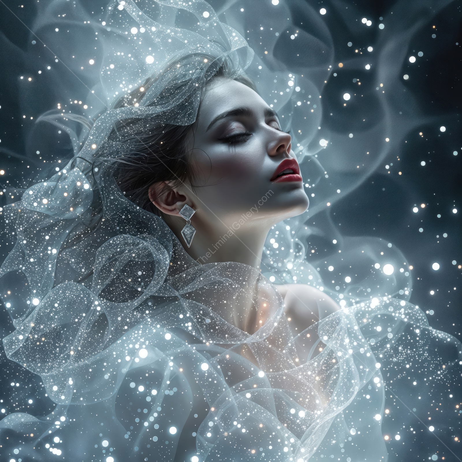 Ethereal beauty captured in a dreamlike moment surrounded by sparkling lights and flowing textures
