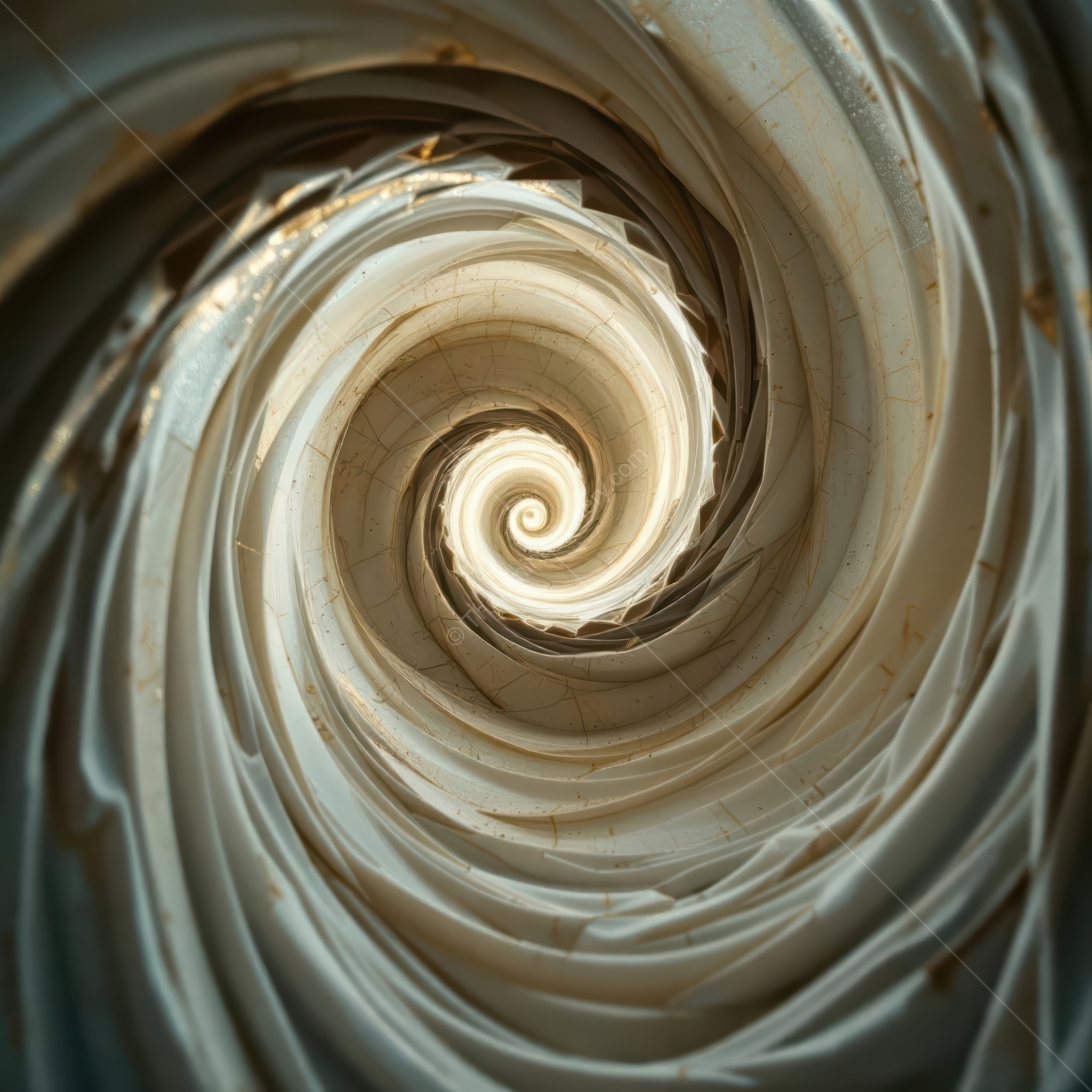 Swirling patterns of light and shadows create a mesmerizing spiral design in a unique architectural structure