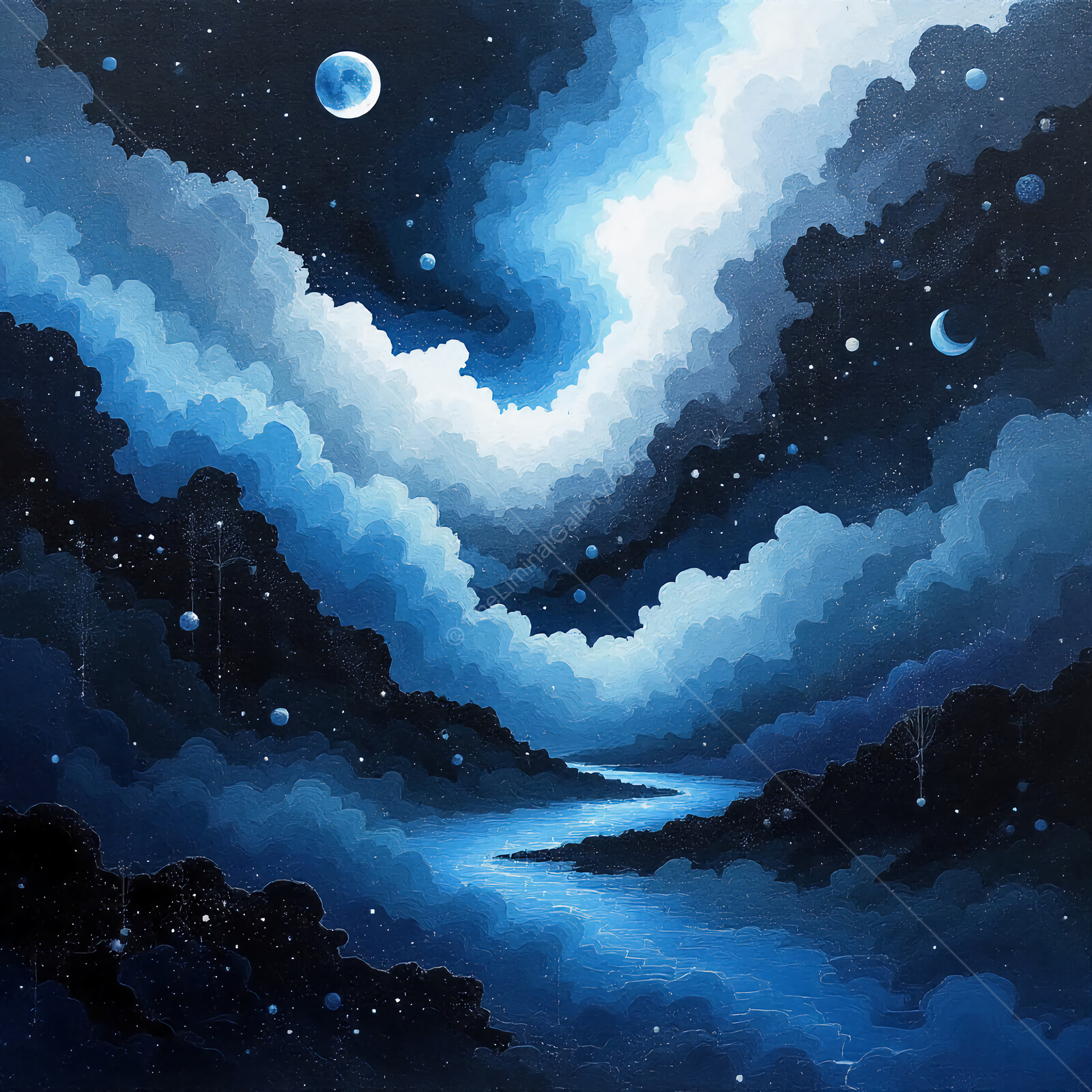 Swirling clouds and shimmering stars create a mystical night scene over a tranquil river in a starry sky