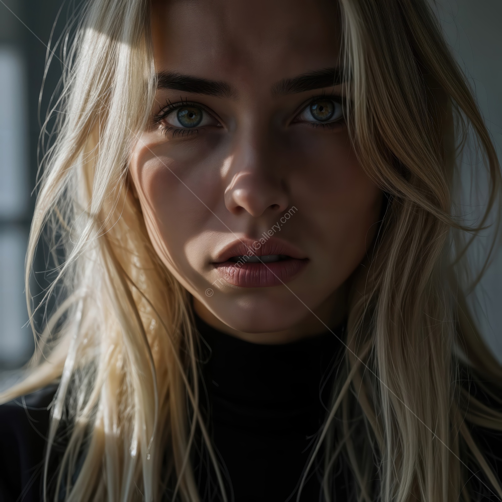 Capturing raw emotion in a sunlit space with striking shadows and a contemplative expression