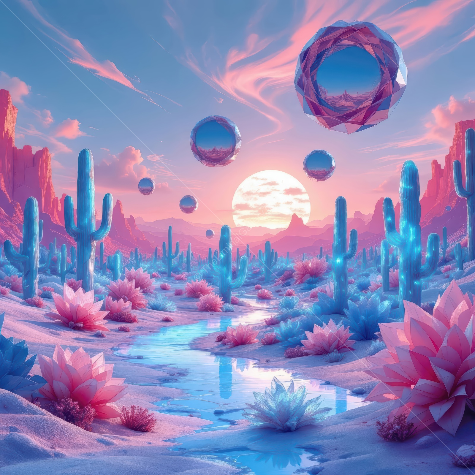 Colorful desert landscape with floating orbs and vibrant flowers during sunset