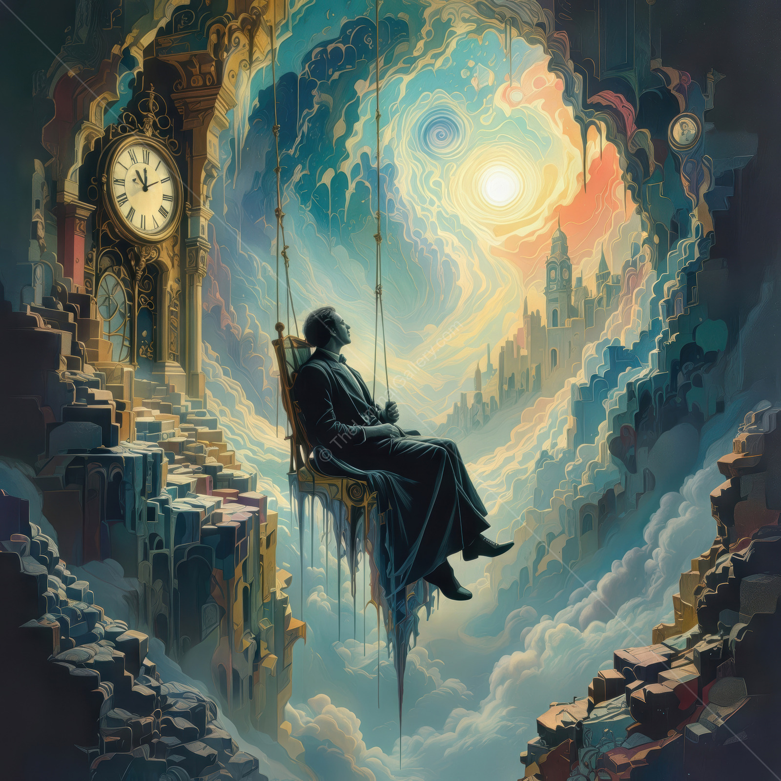 Dreamlike journey through time with a lone figure suspended in a surreal landscape