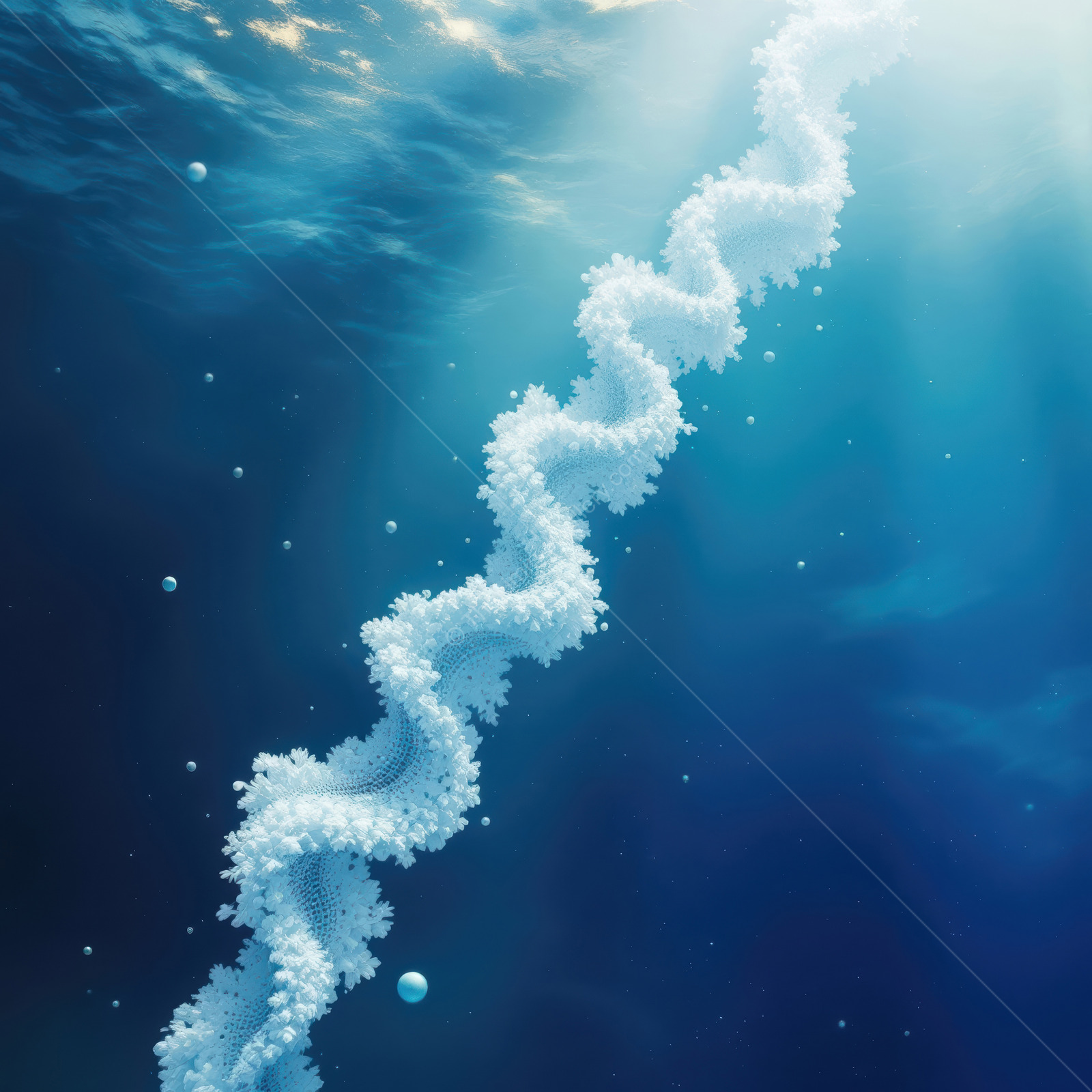 Underwater scene reveals a twisting structure resembling a molecular chain in deep blue waters