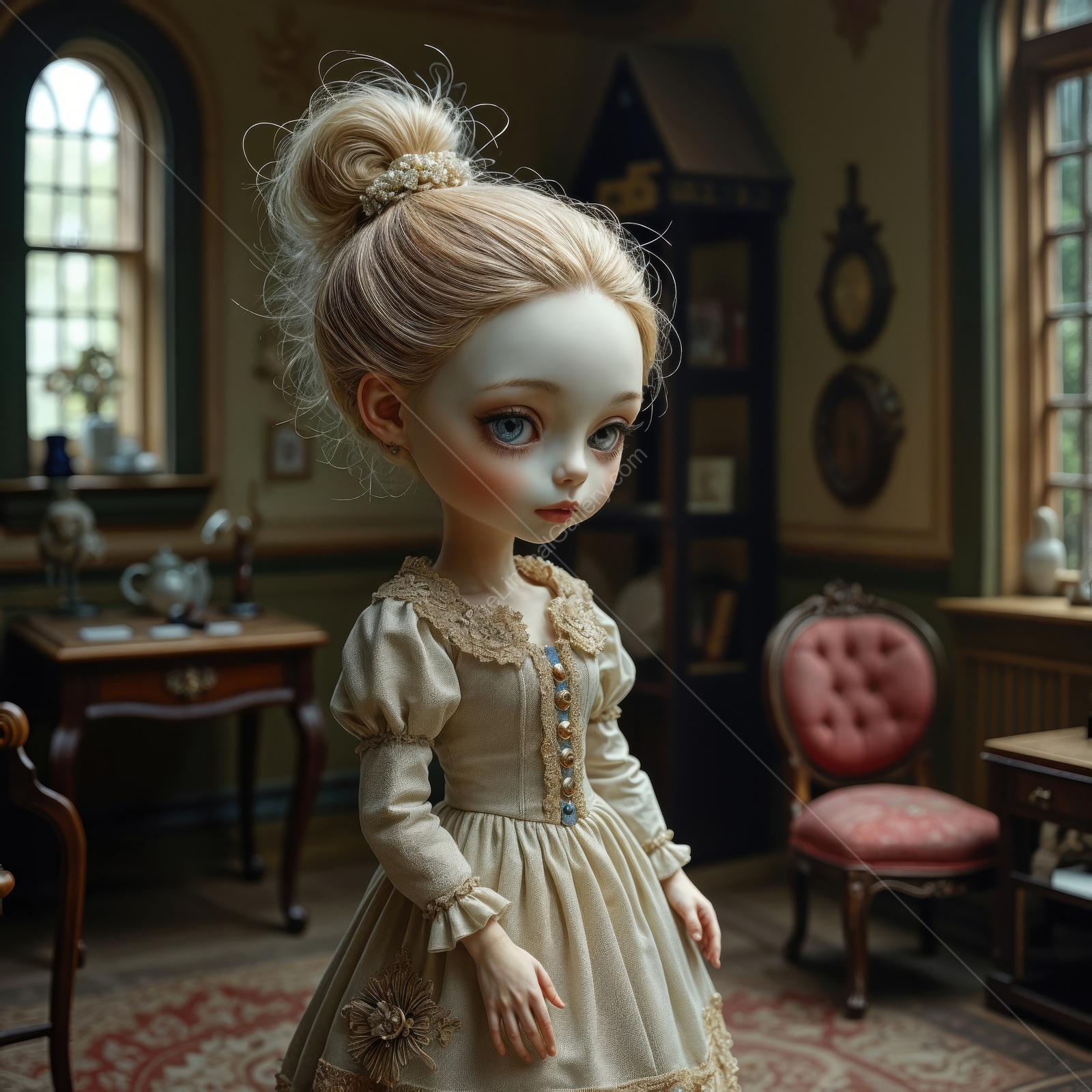 Intricate doll in a vintage room showcasing delicate details and a serene atmosphere