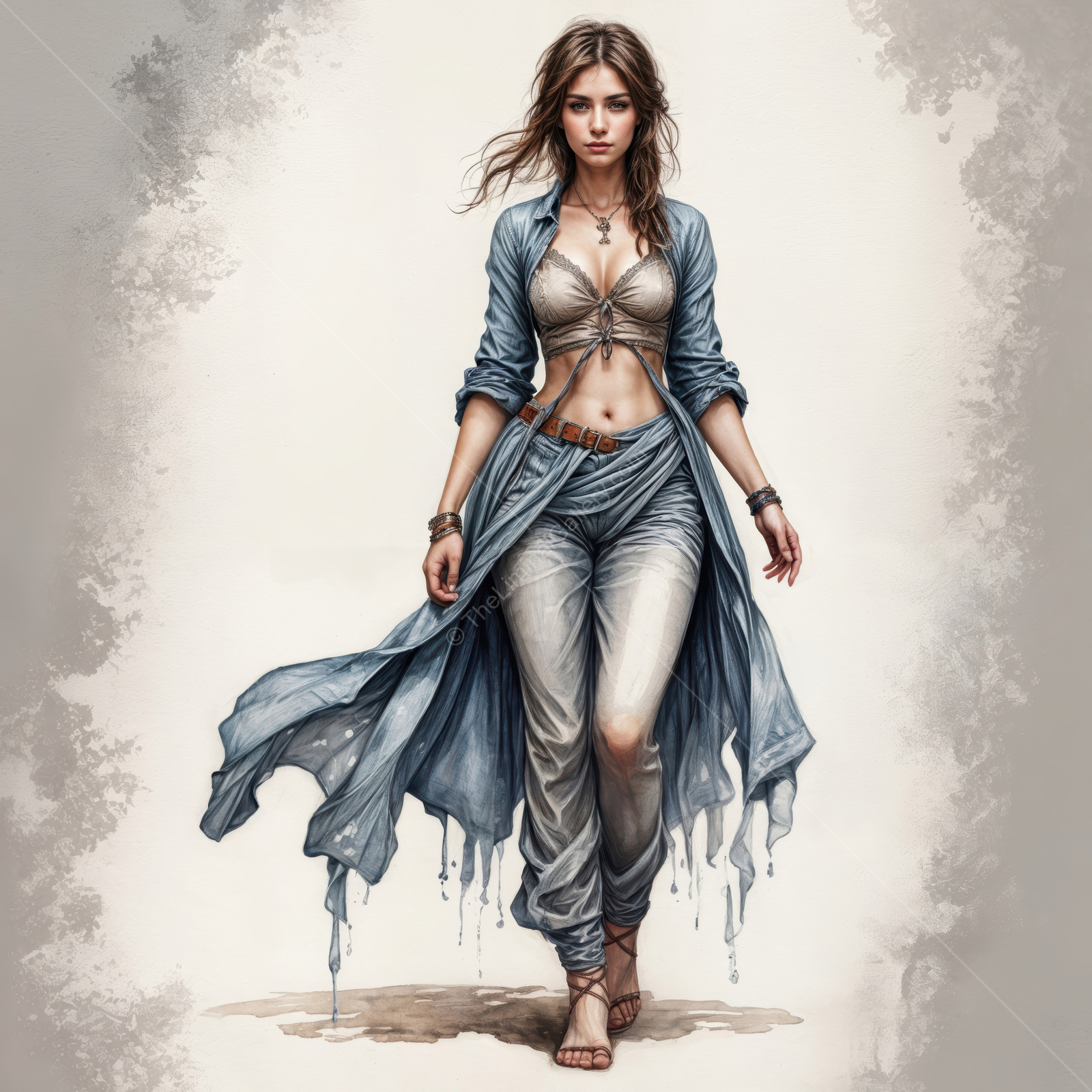 Charming wanderer in flowing attire strolls confidently through a deserted landscape at golden hour, capturing a moment of adventure and grace