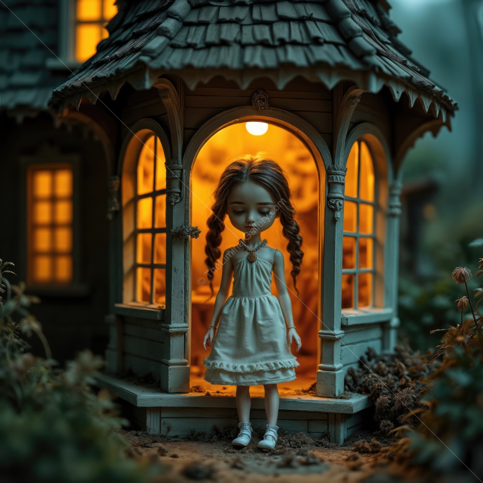 Enchanted evening at the whimsical cottage with a girl in a white dress