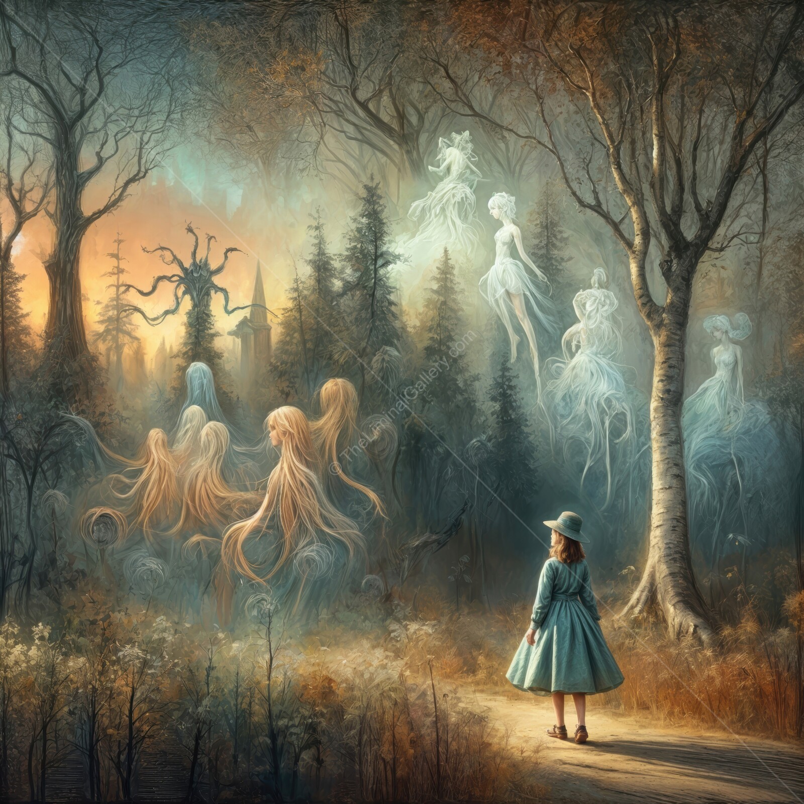 Whispers of the ethereal forest as a young girl encounters spirits at twilight