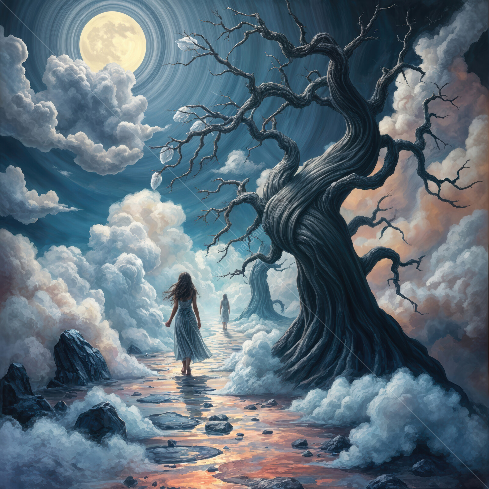 Whispers in the moonlight lead to forgotten paths beneath ancient trees