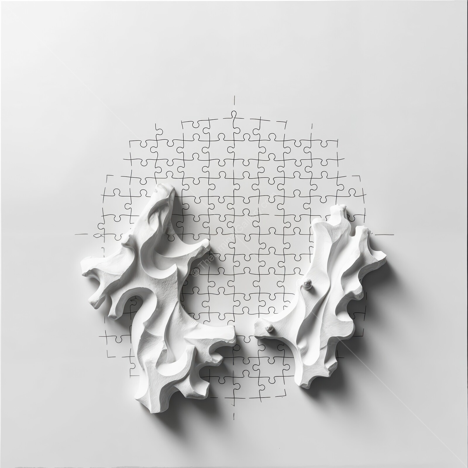 White puzzle pieces creatively arranged on a minimalistic gray background showcasing an artistic design