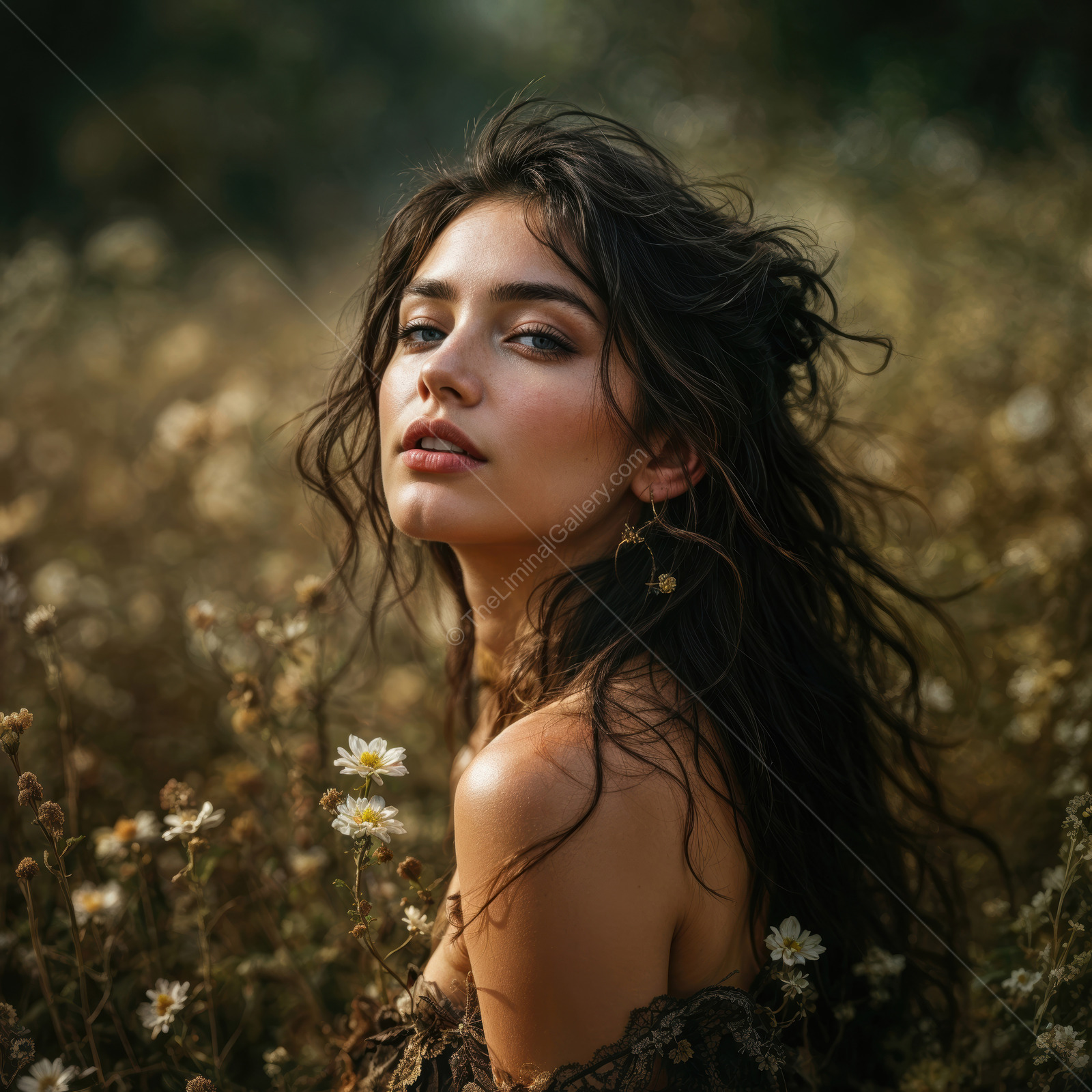 Enchanting young woman surrounded by wildflowers in a serene meadow during golden hour