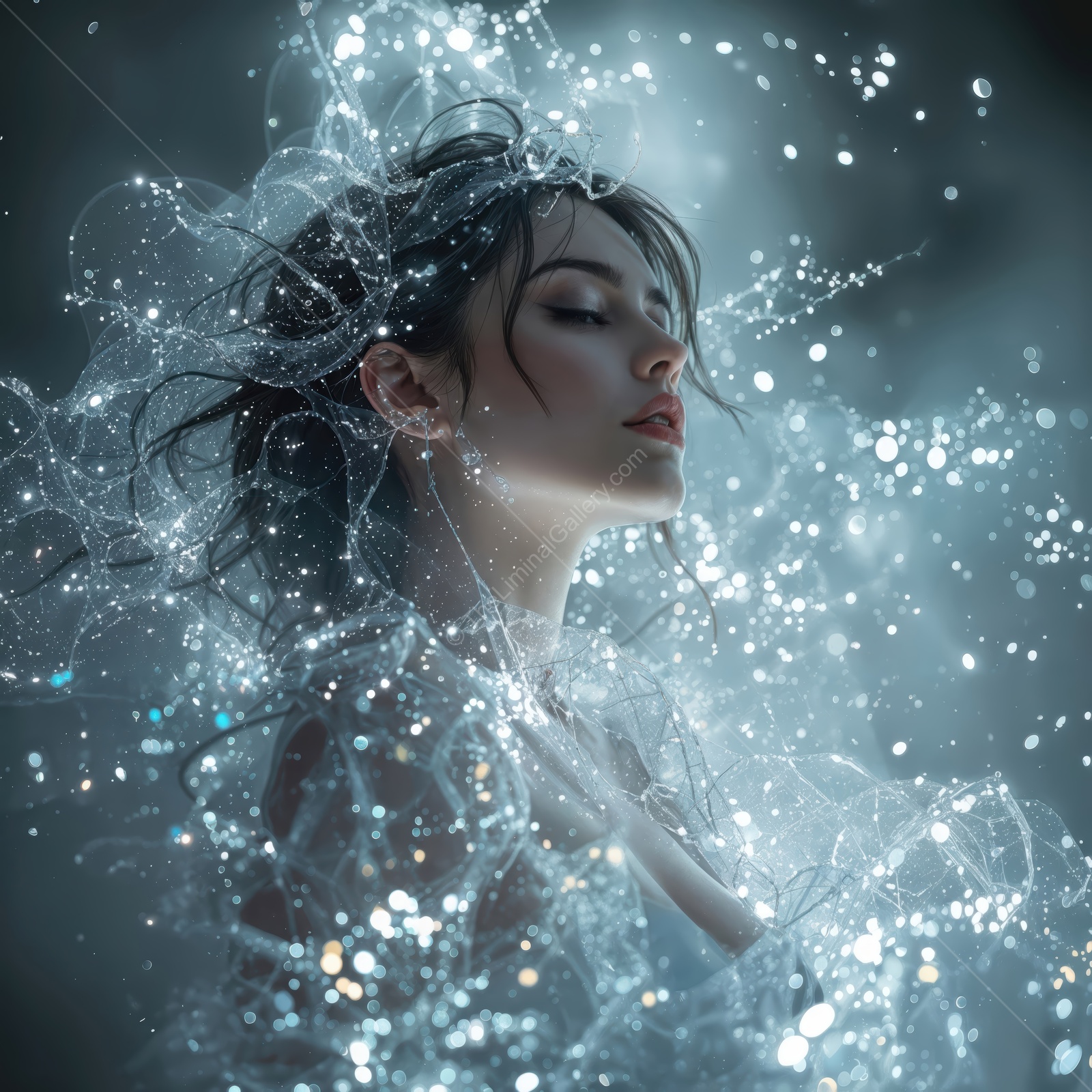 Woman surrounded by ethereal light and shimmering bubbles in a dreamlike setting at twilight