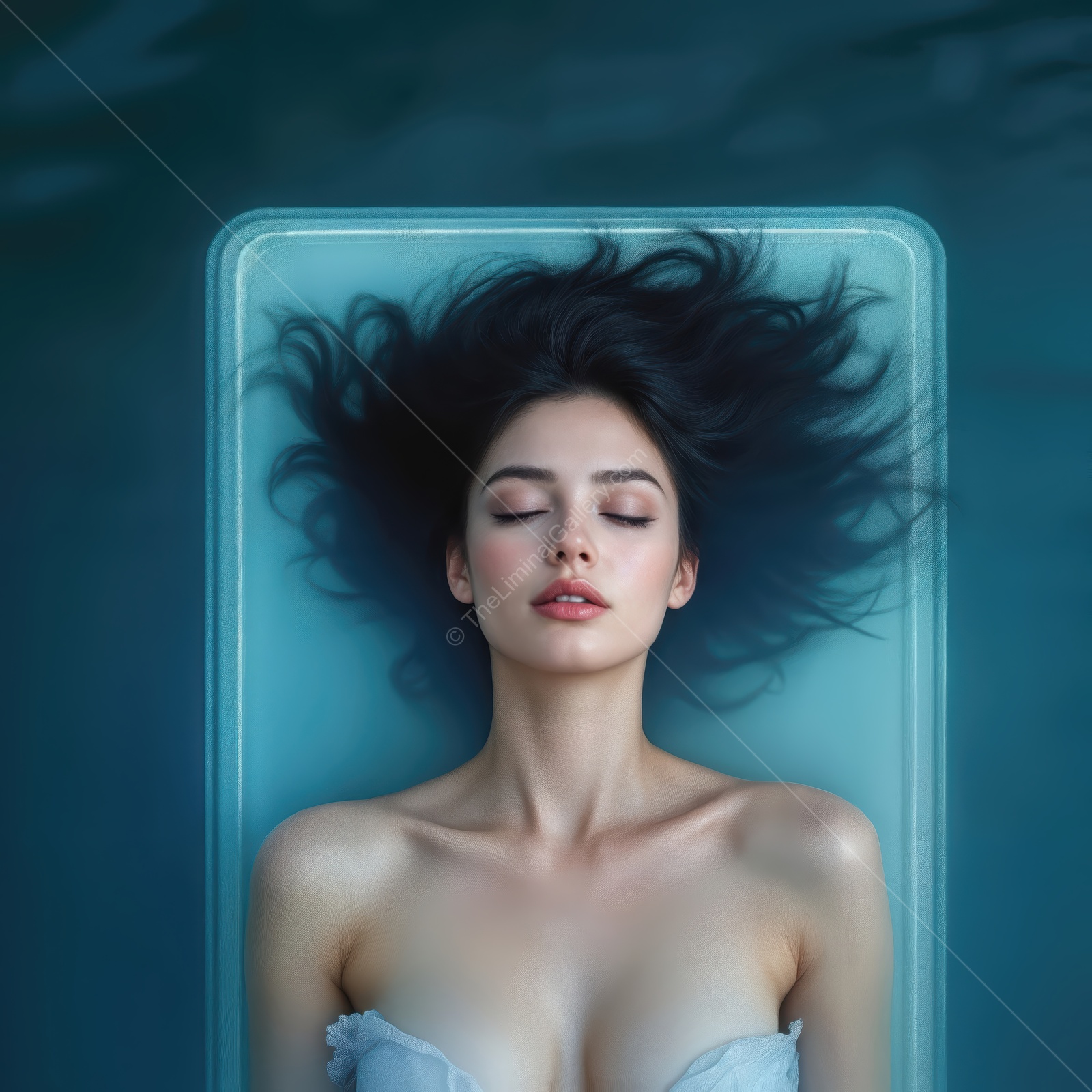 Serenity unfolds as a young woman drifts on a clear water surface under soft lighting for a breathtaking moment of calm