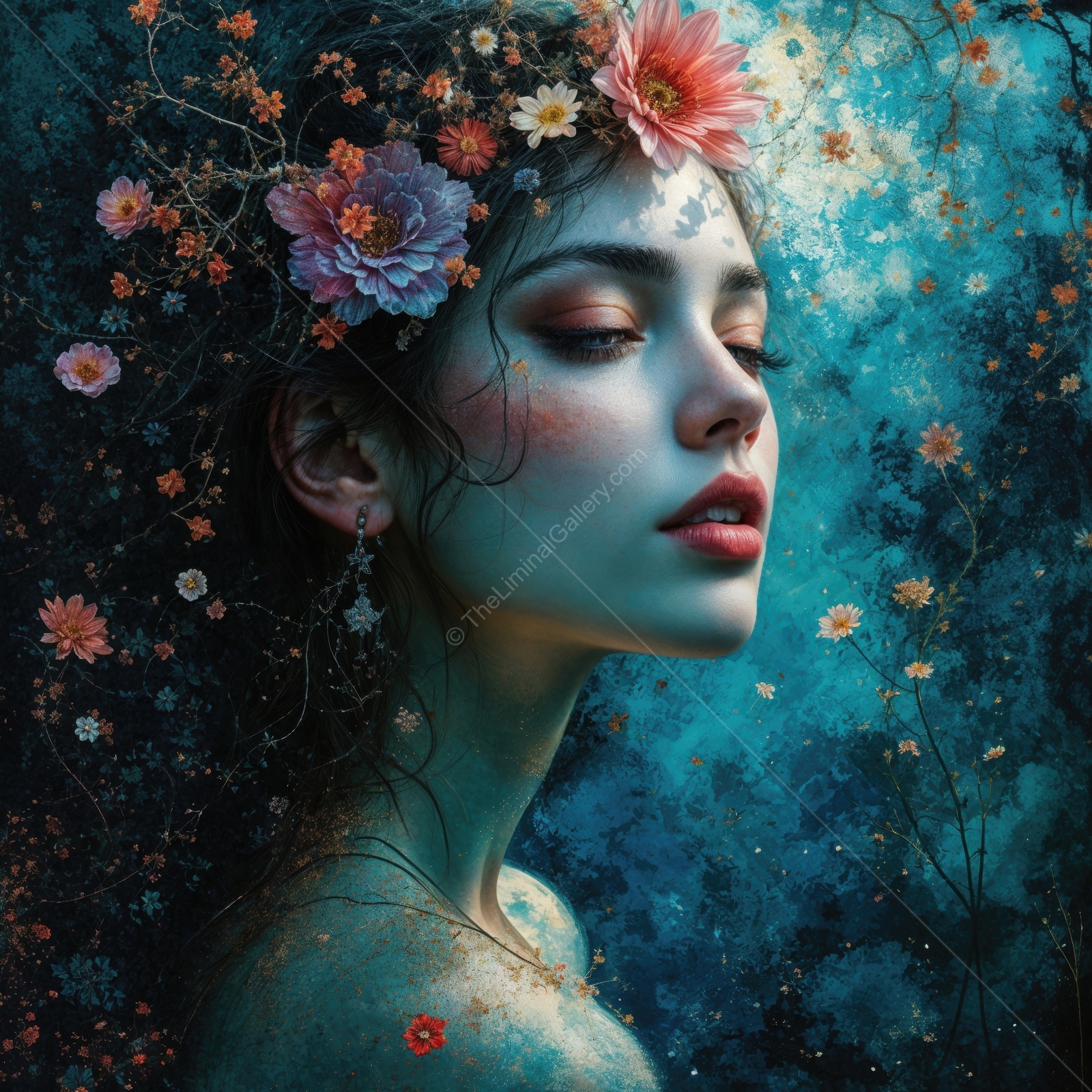 Enchanting woman surrounded by flowers in a magical blue landscape at twilight