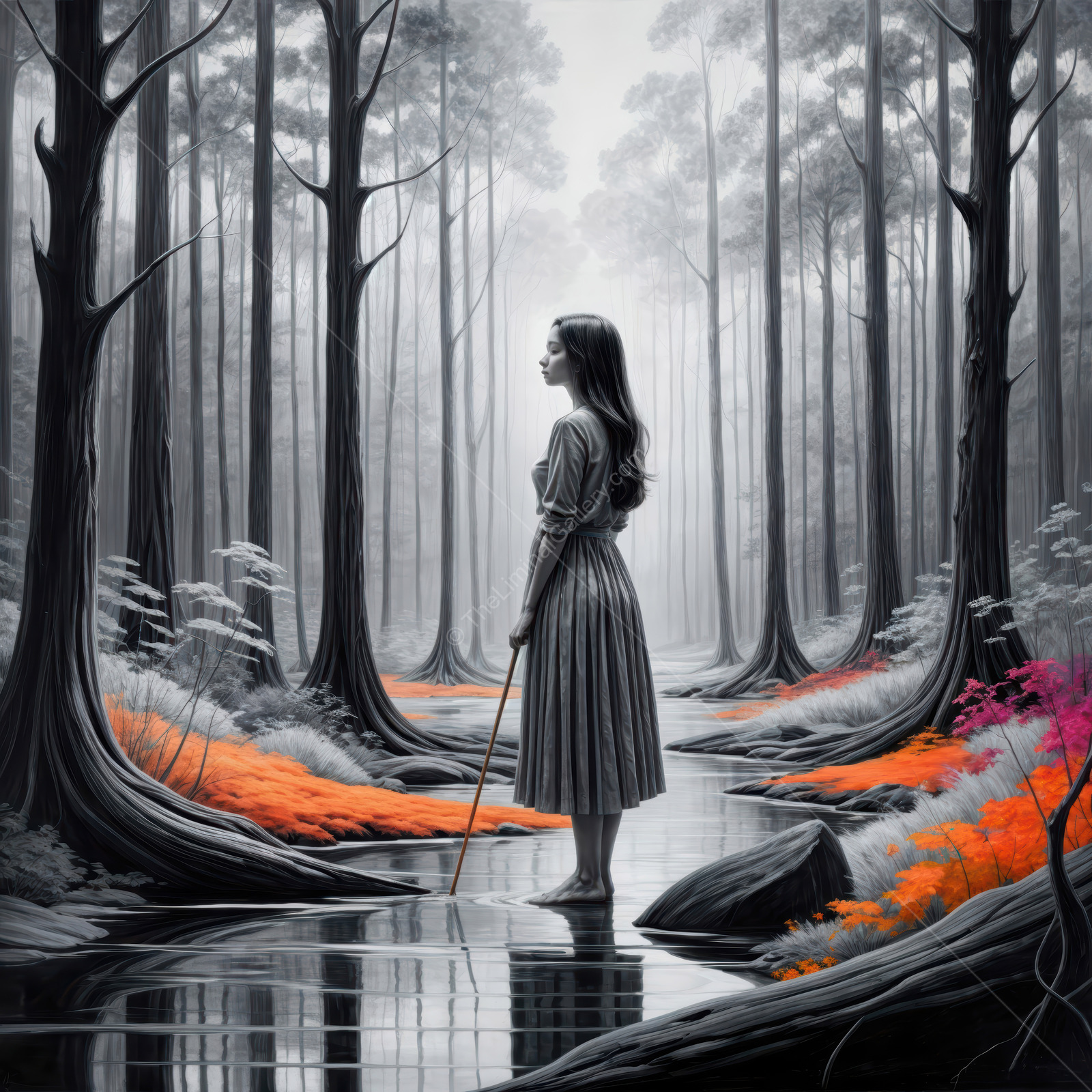 Woman stands in a serene forest stream, surrounded by vibrant colors and stillness, reflecting on nature's beauty at sunrise