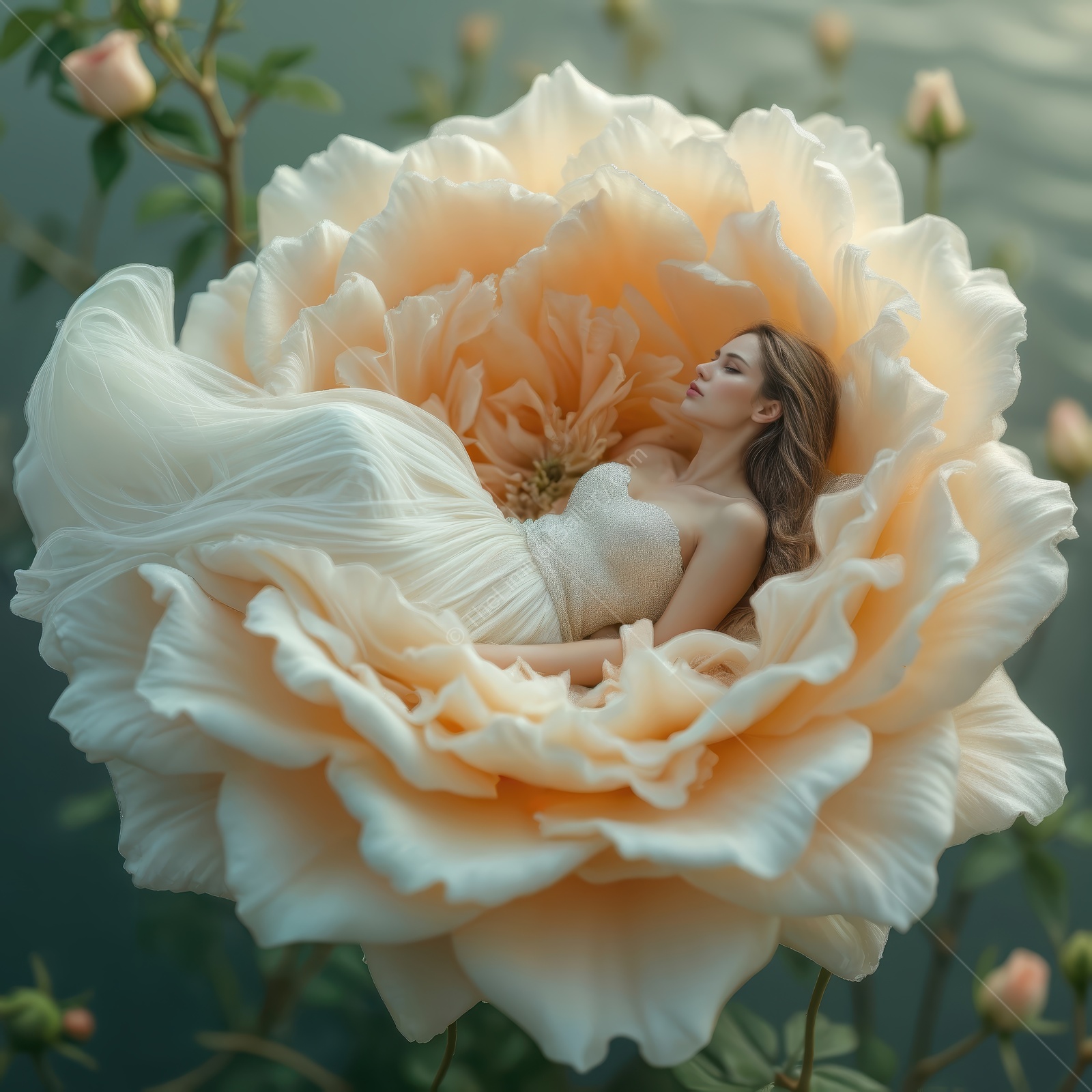 Enchanted moment of a young woman resting in a giant flower by a serene lake during golden hour