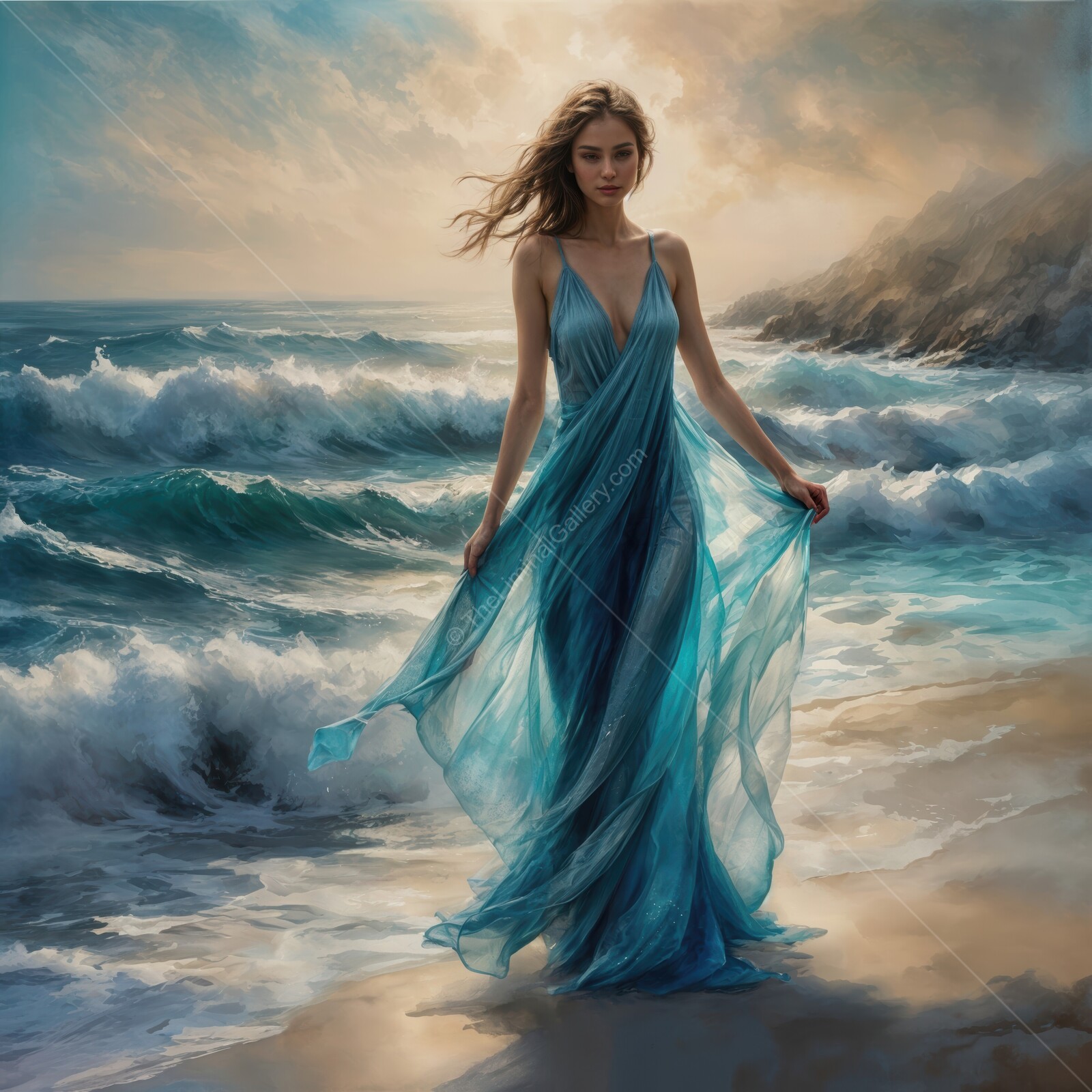 Young woman in flowing blue dress dances by the ocean waves during sunset