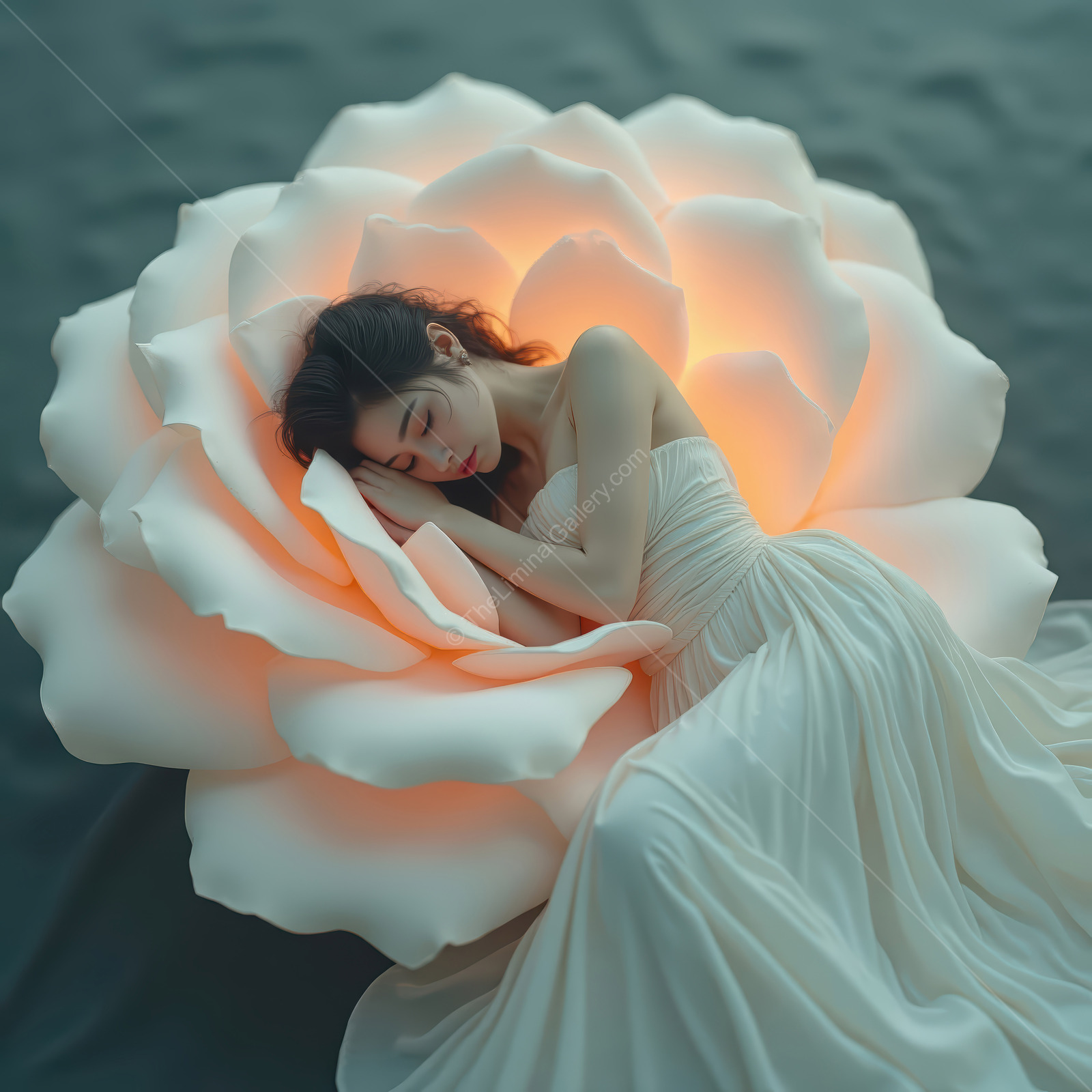 Dreaming in a giant flower with soft light embracing a tranquil moment for a serene escape