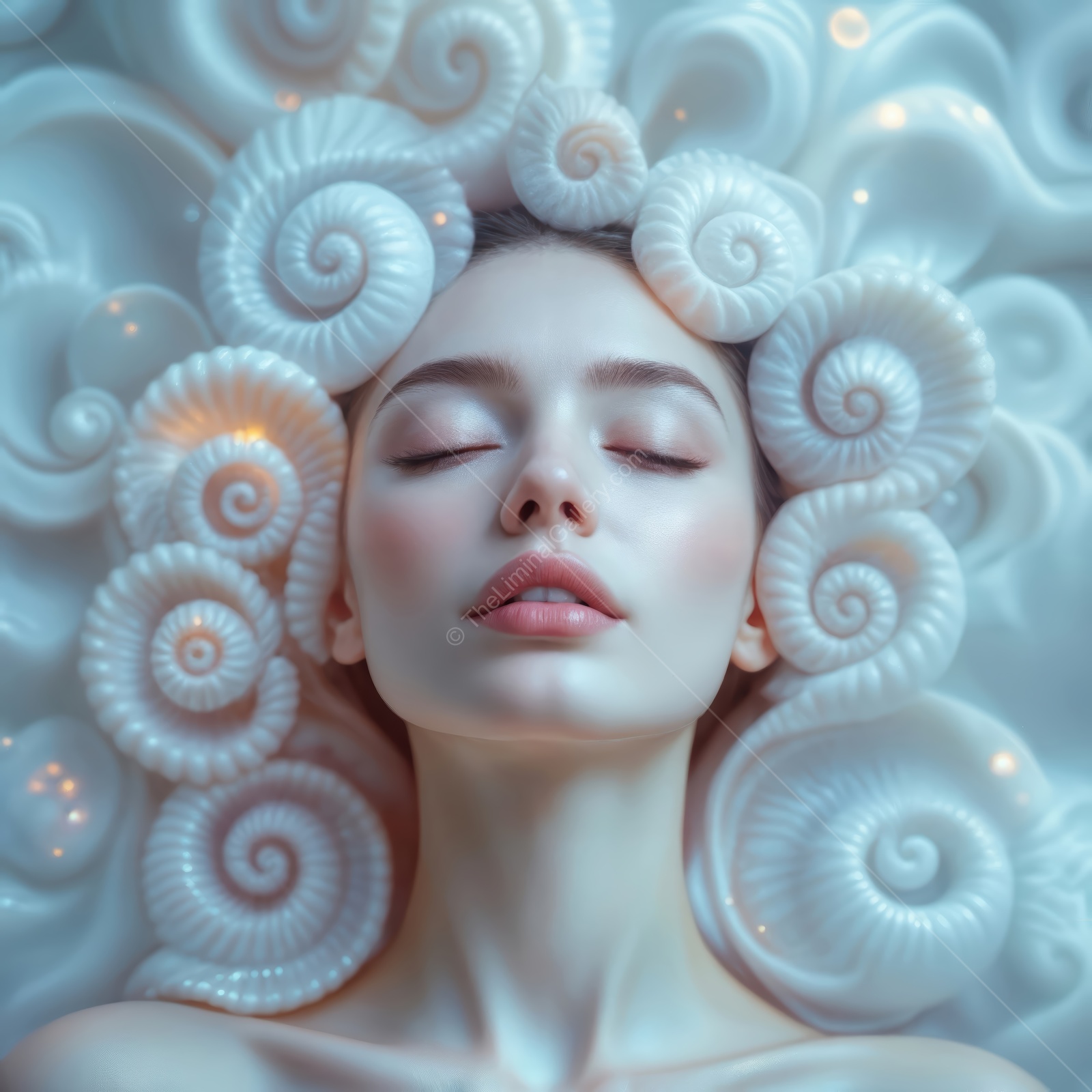 Dreamy envelopment of a woman's face in spiraling seashells with serene expression and soft lighting