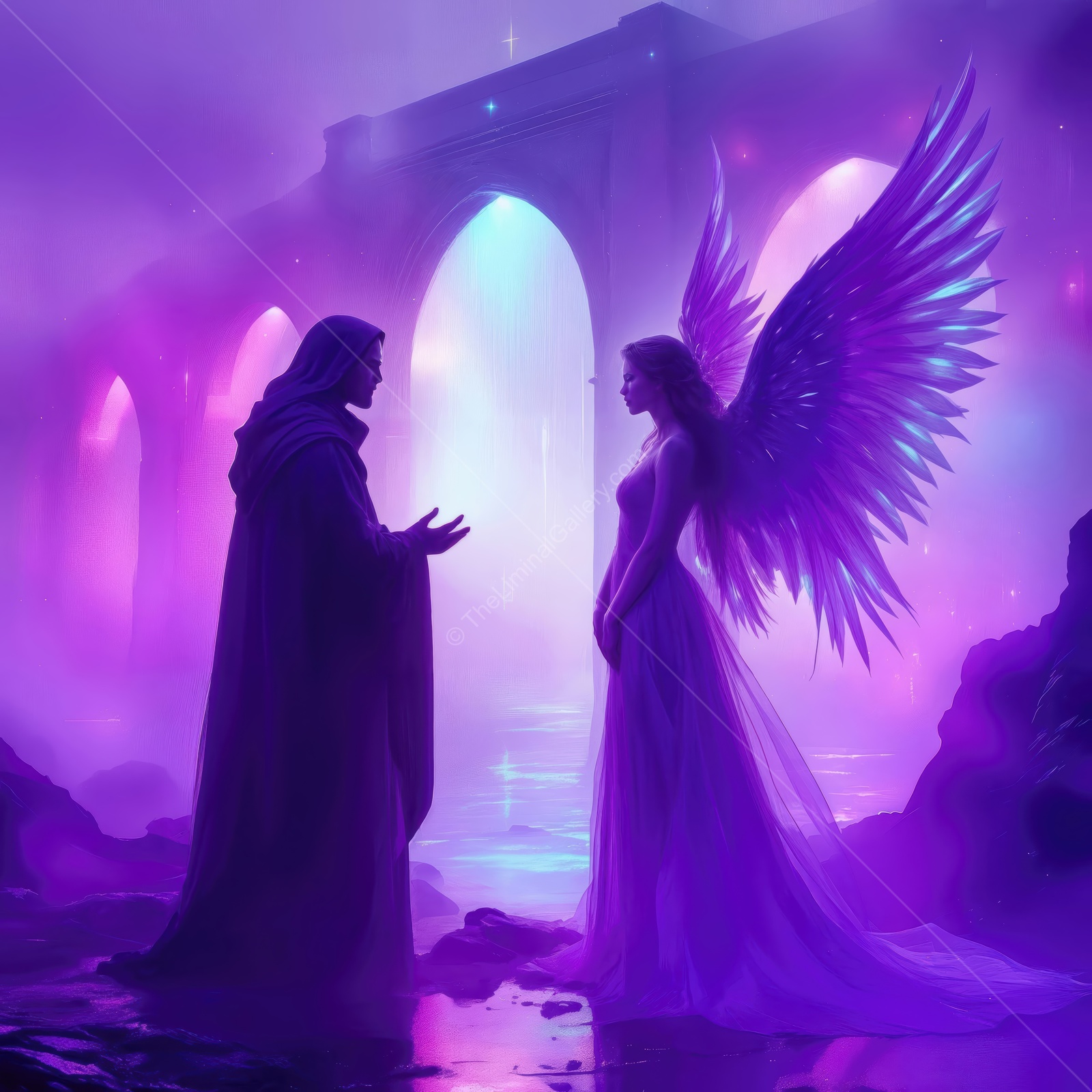 Mysterious encounter between a cloaked figure and a radiant angel at an ethereal archway under a twilight sky