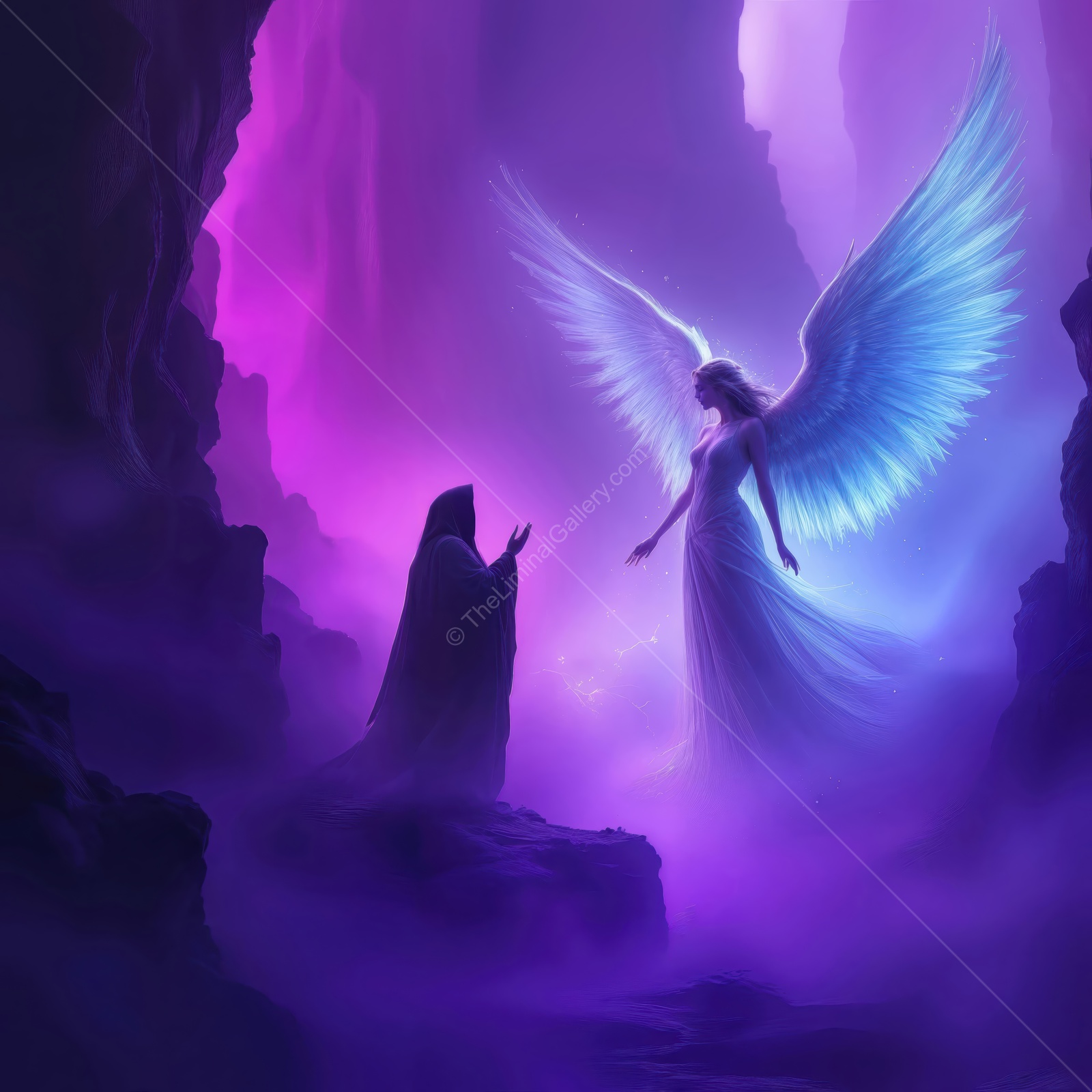 Celestial encounter in a mystical realm with an ethereal angel and a hooded figure