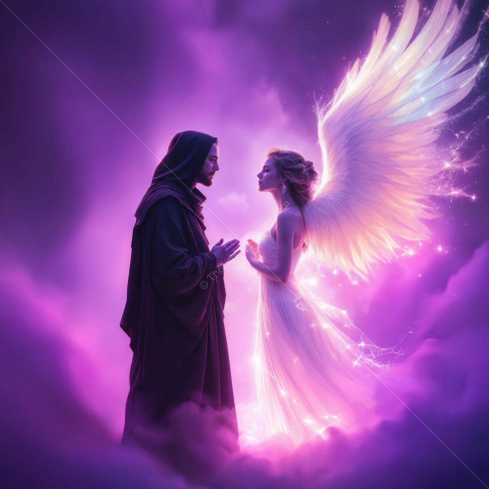 Encounter between light and shadow unfolds in a mystical realm with an angel and a cloaked figure