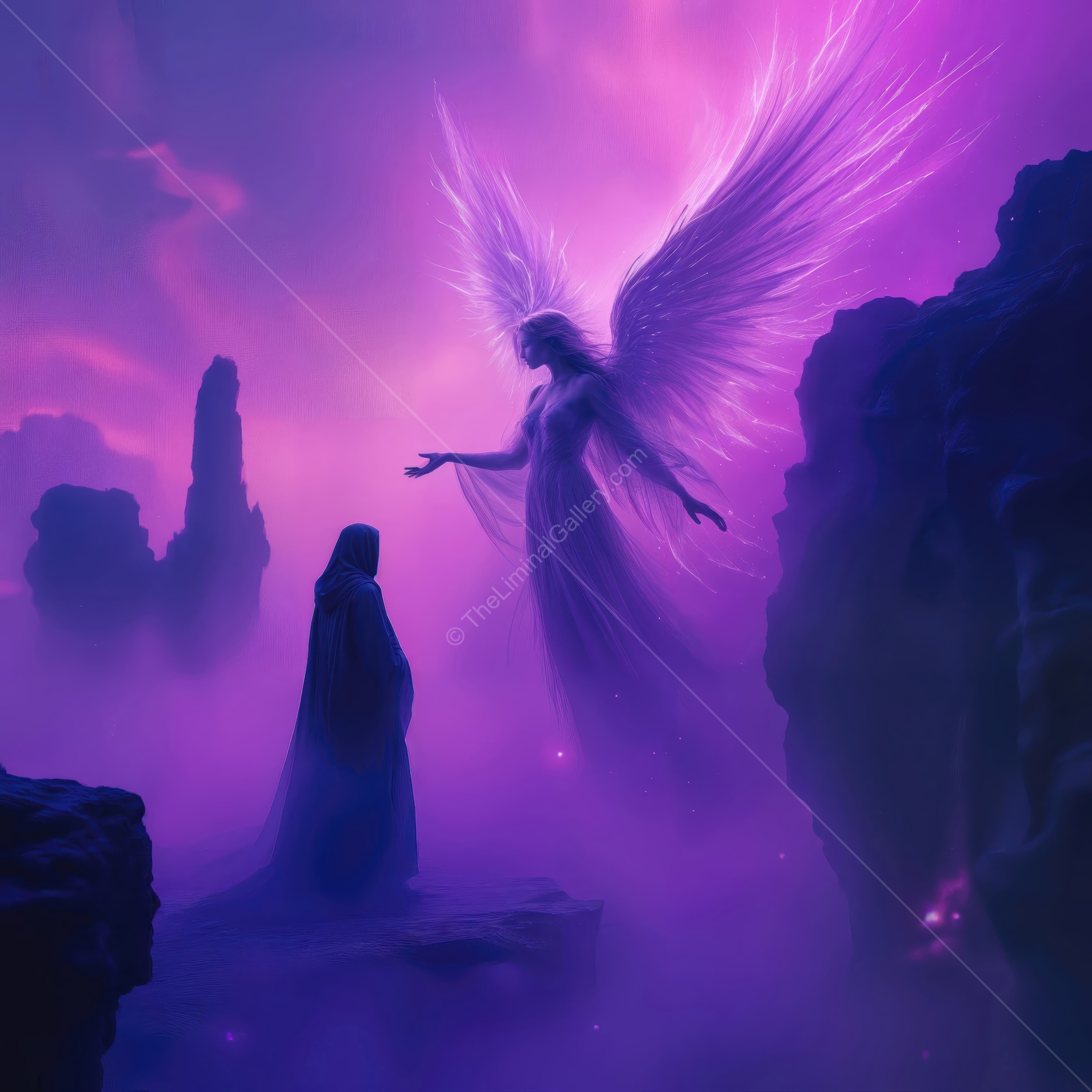 Mysterious encounter between a figure and an ethereal angel in a dreamlike landscape at dusk