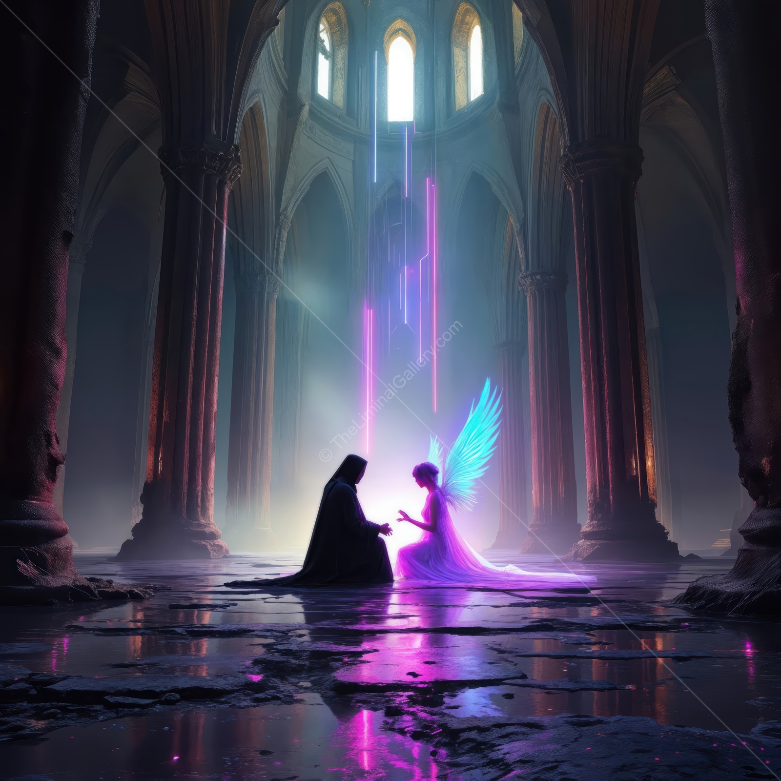 Mysterious encounter between an angel and a cloaked figure in a forgotten cathedral at twilight