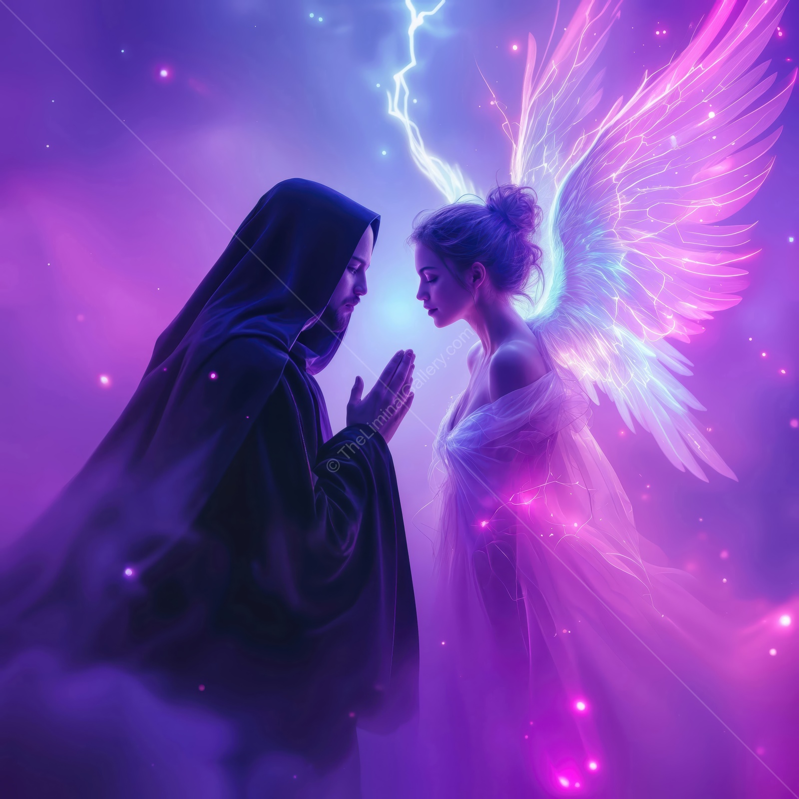 Encounter between light and darkness in a mystical realm with an angel and a cloaked figure