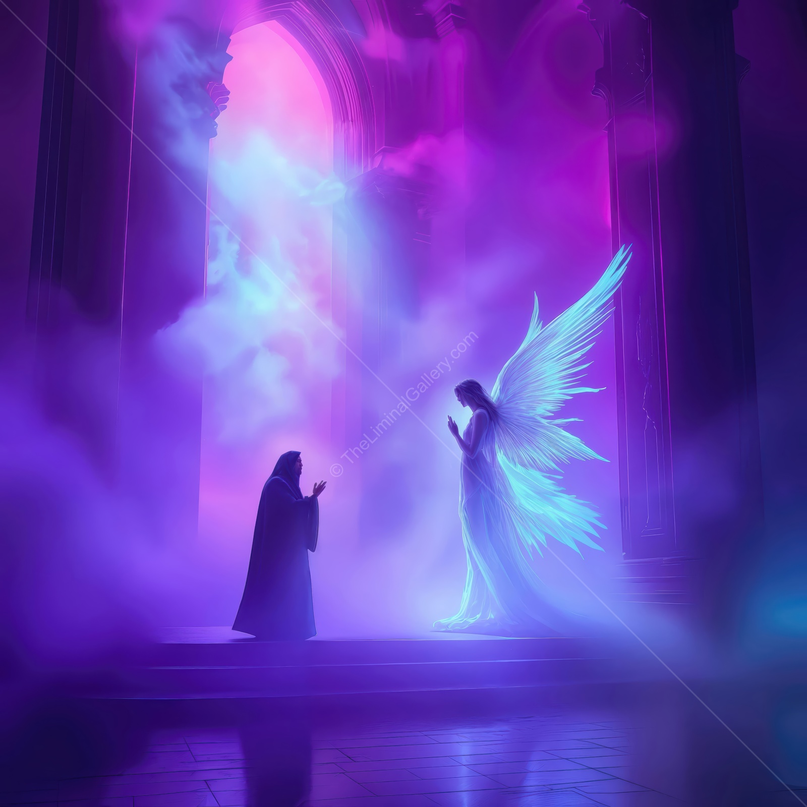 Ethereal encounter between an angel and a cloaked figure in a mystical setting with vibrant colors
