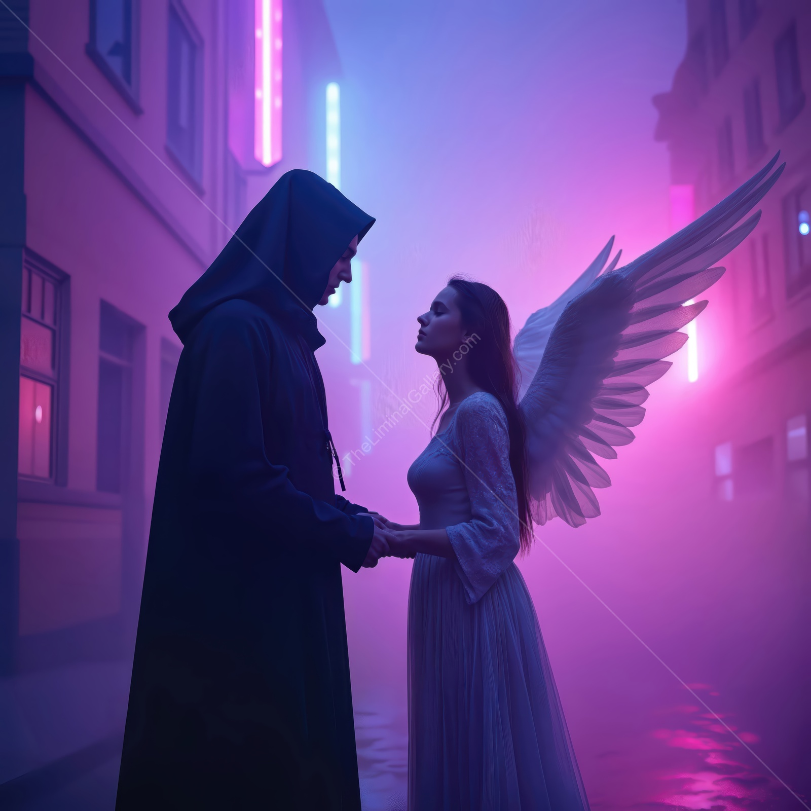 Mysterious encounter between a cloaked figure and an angel in a neon-lit alleyway at twilight