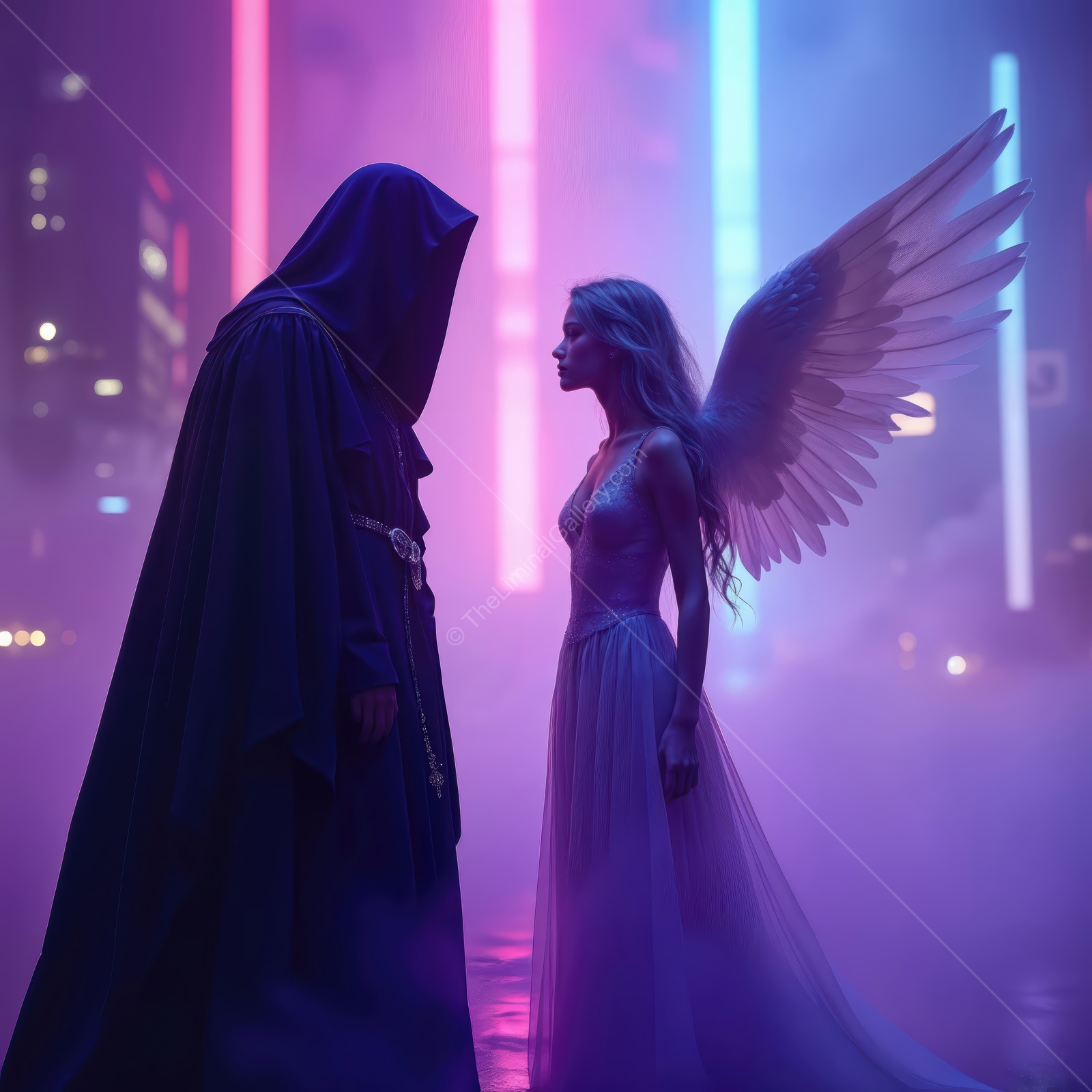 Ethereal encounter between a cloaked figure and a winged angel in a neon-lit, misty urban landscape at night