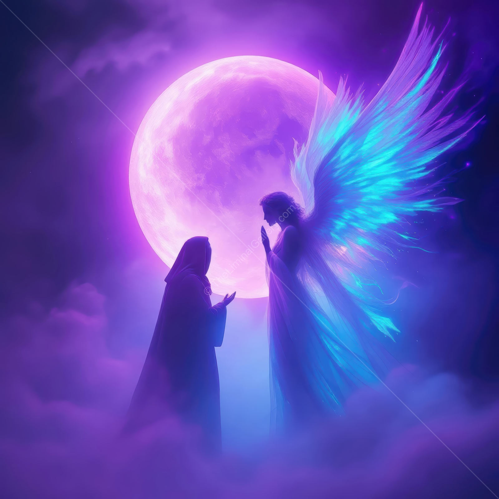 Heavenly encounter between a divine angel and a contemplative figure under a luminous moonlight sky