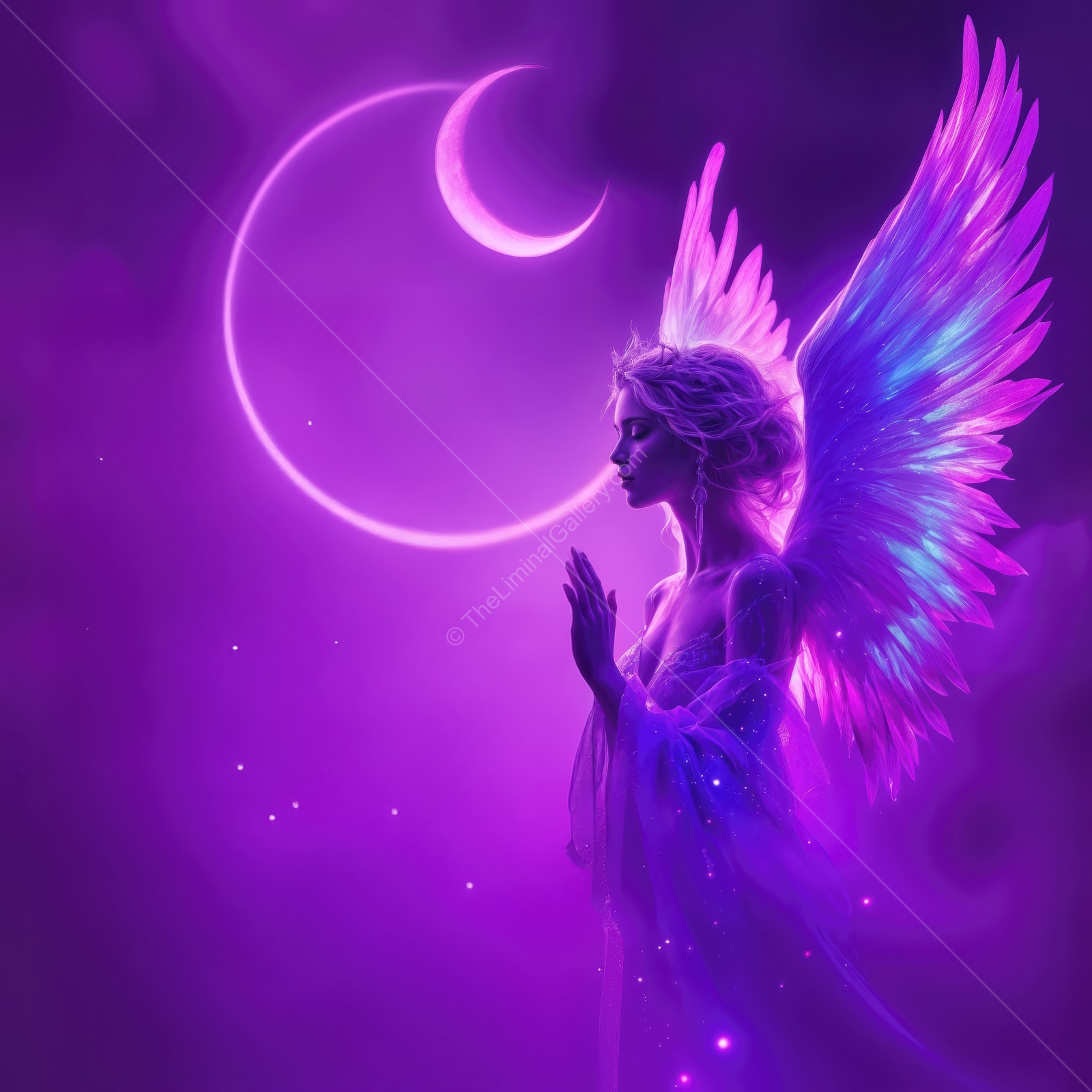 Enchanting angelic figure with luminous wings stands peacefully under a crescent moon in a mystical purple landscape