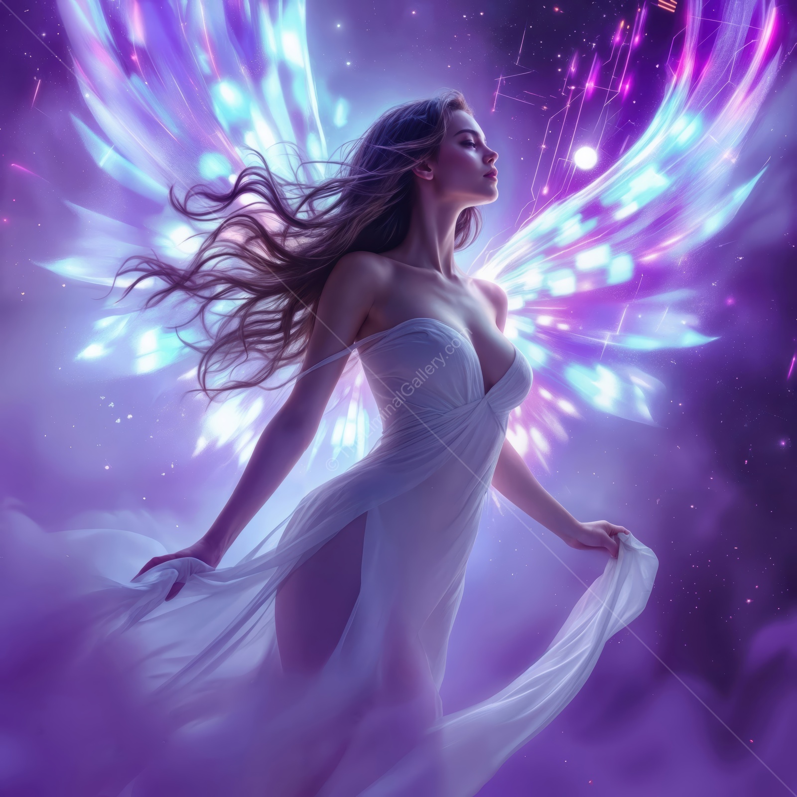 Ethereal angel with luminous wings dances in a mystical realm of colors and light