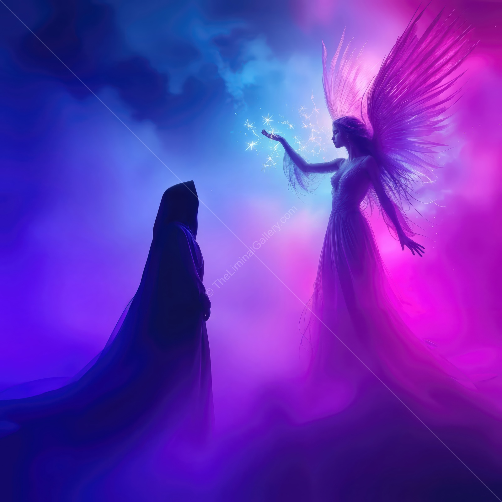 Mysterious encounter between a dark figure and a radiant angel under cosmic colors