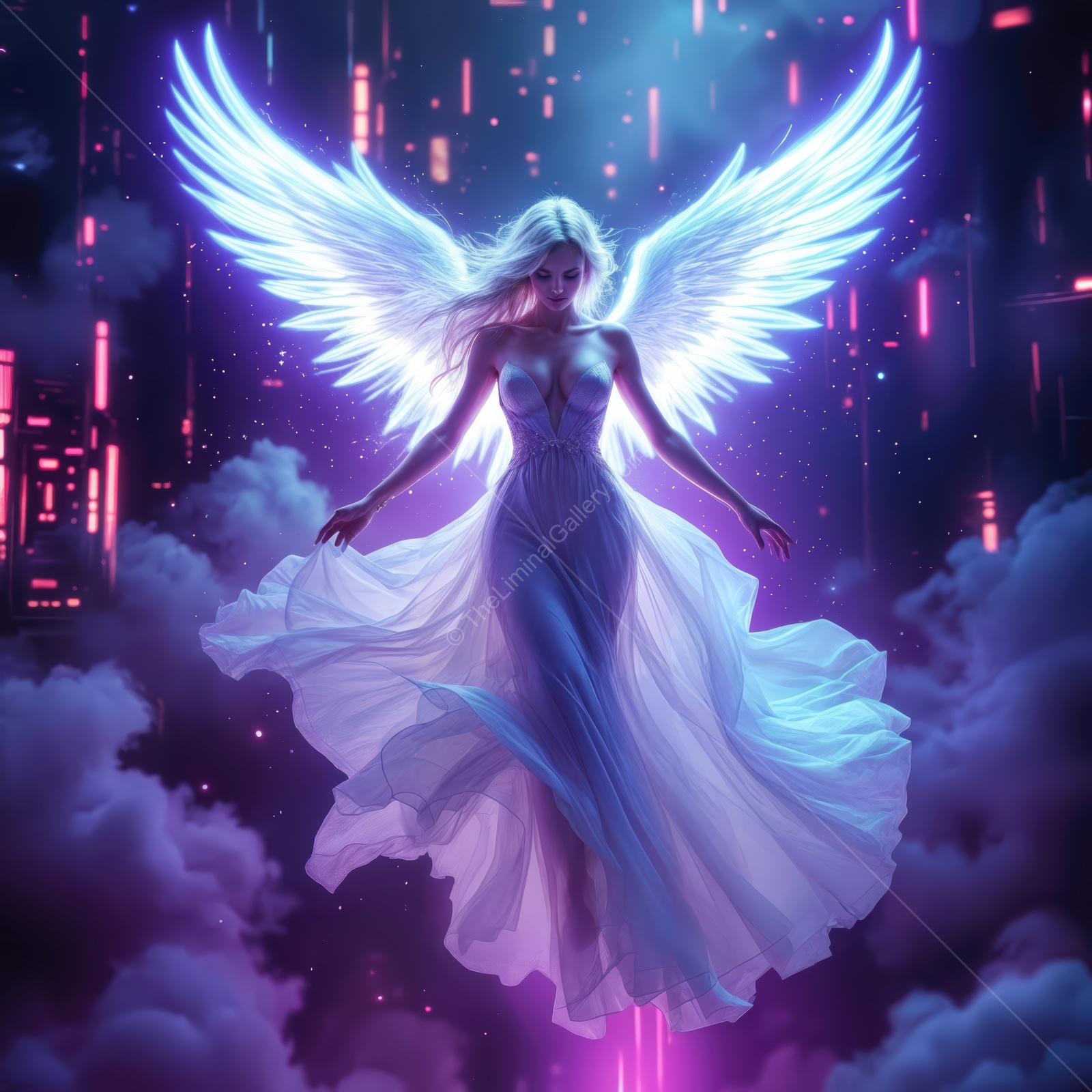 Majestic angel with glowing wings descends among ethereal clouds in a futuristic landscape at twilight