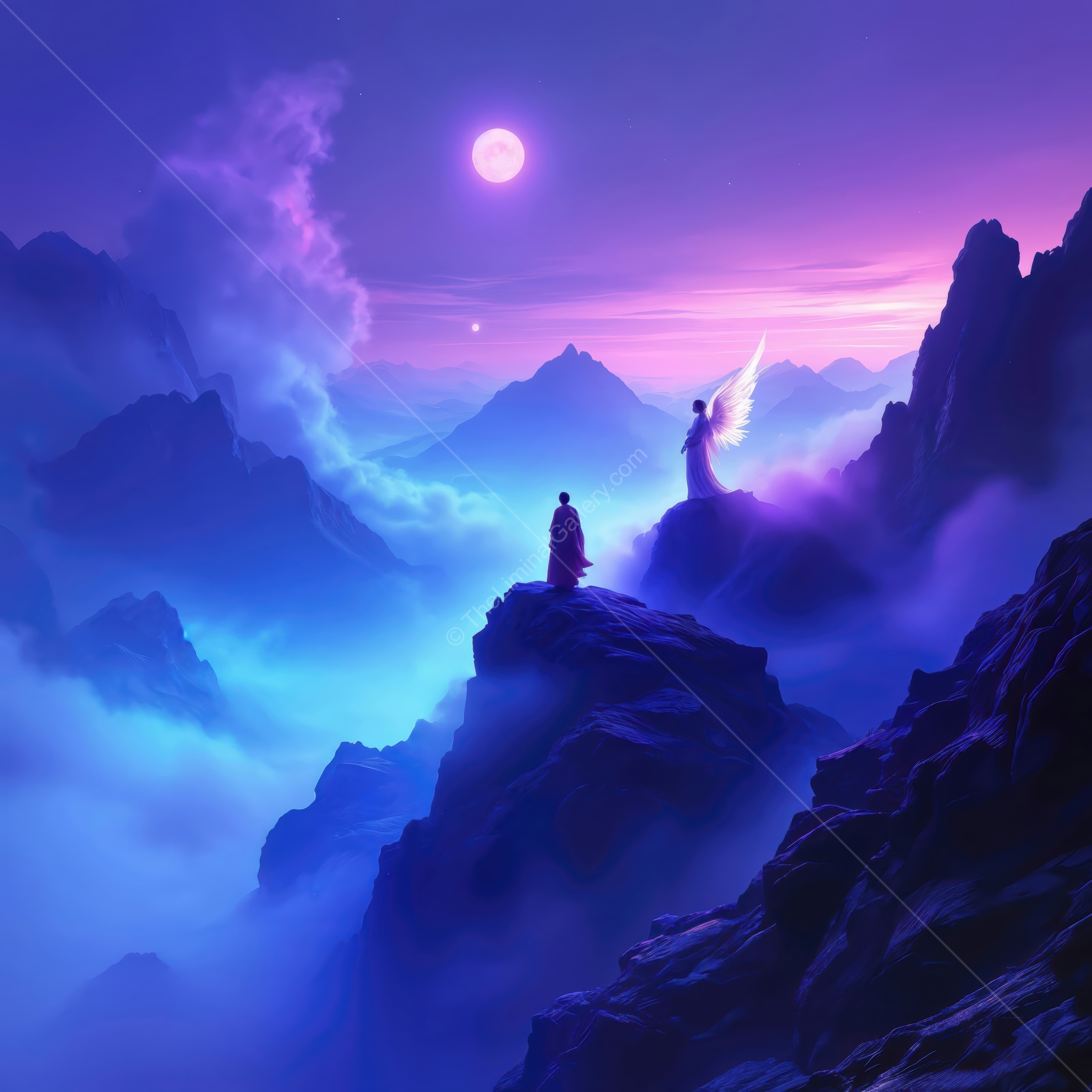 Mystical encounter under a glowing moon in an ethereal mountain landscape