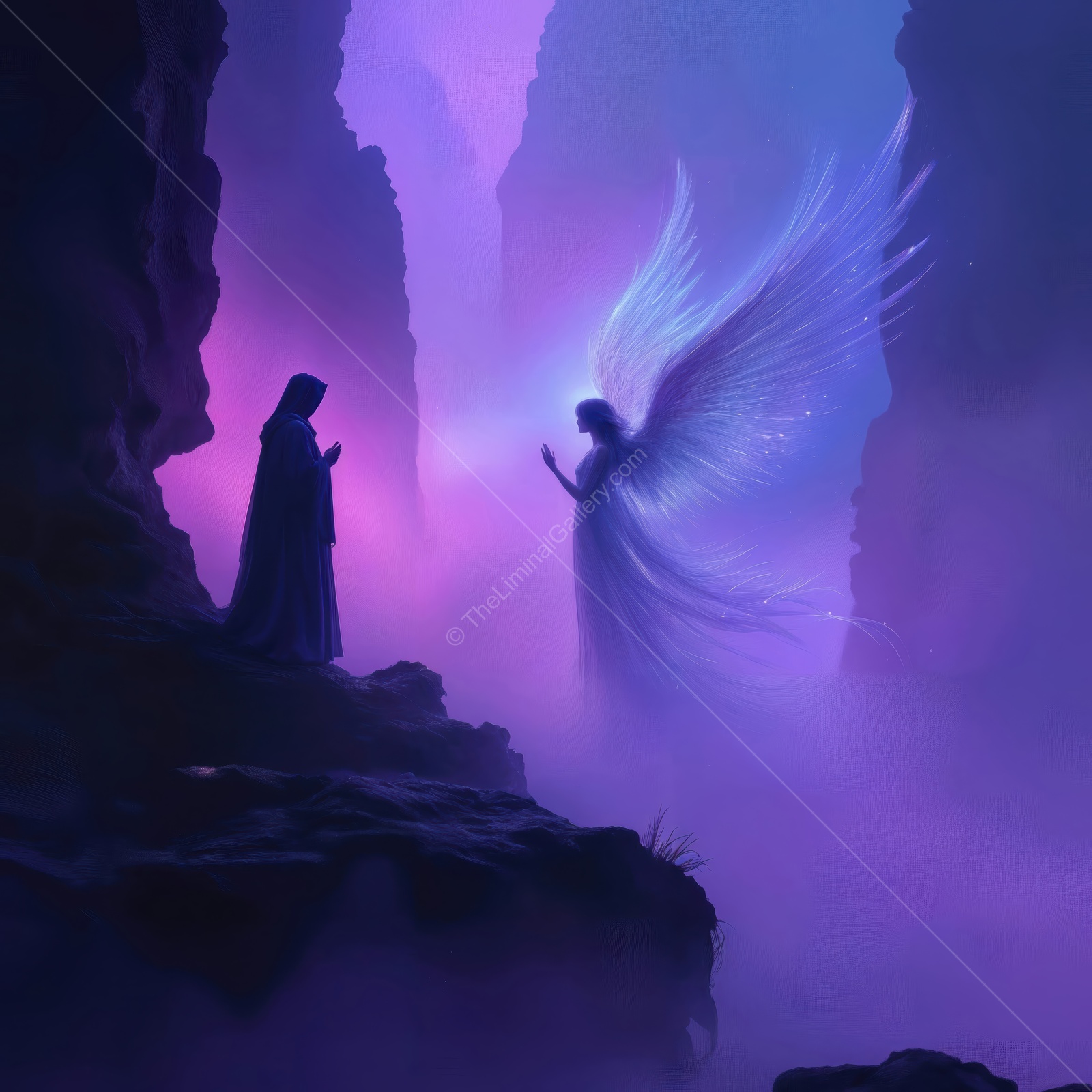 Encounter between a mystical figure and an ethereal angel in a dreamy landscape at twilight