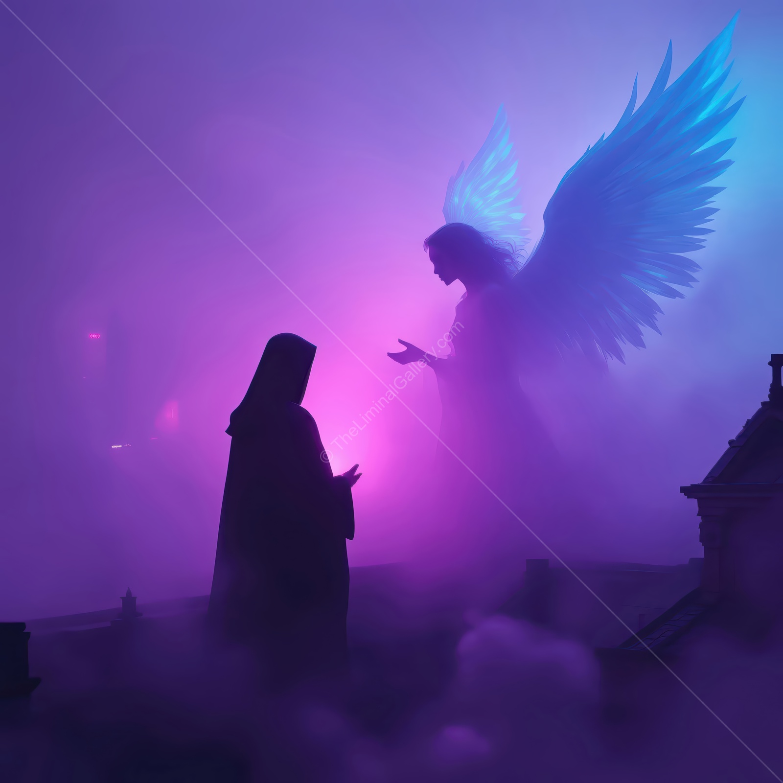 Enchanting encounter between a mysterious figure and a radiant angel under a foggy twilight sky