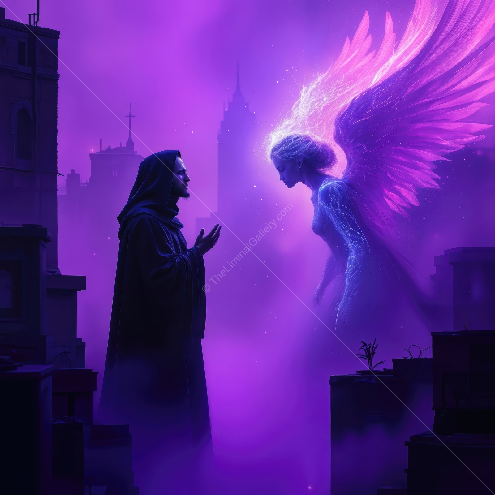 Encounter between a mystical figure and a cloaked man in a purple fantasy landscape at dusk