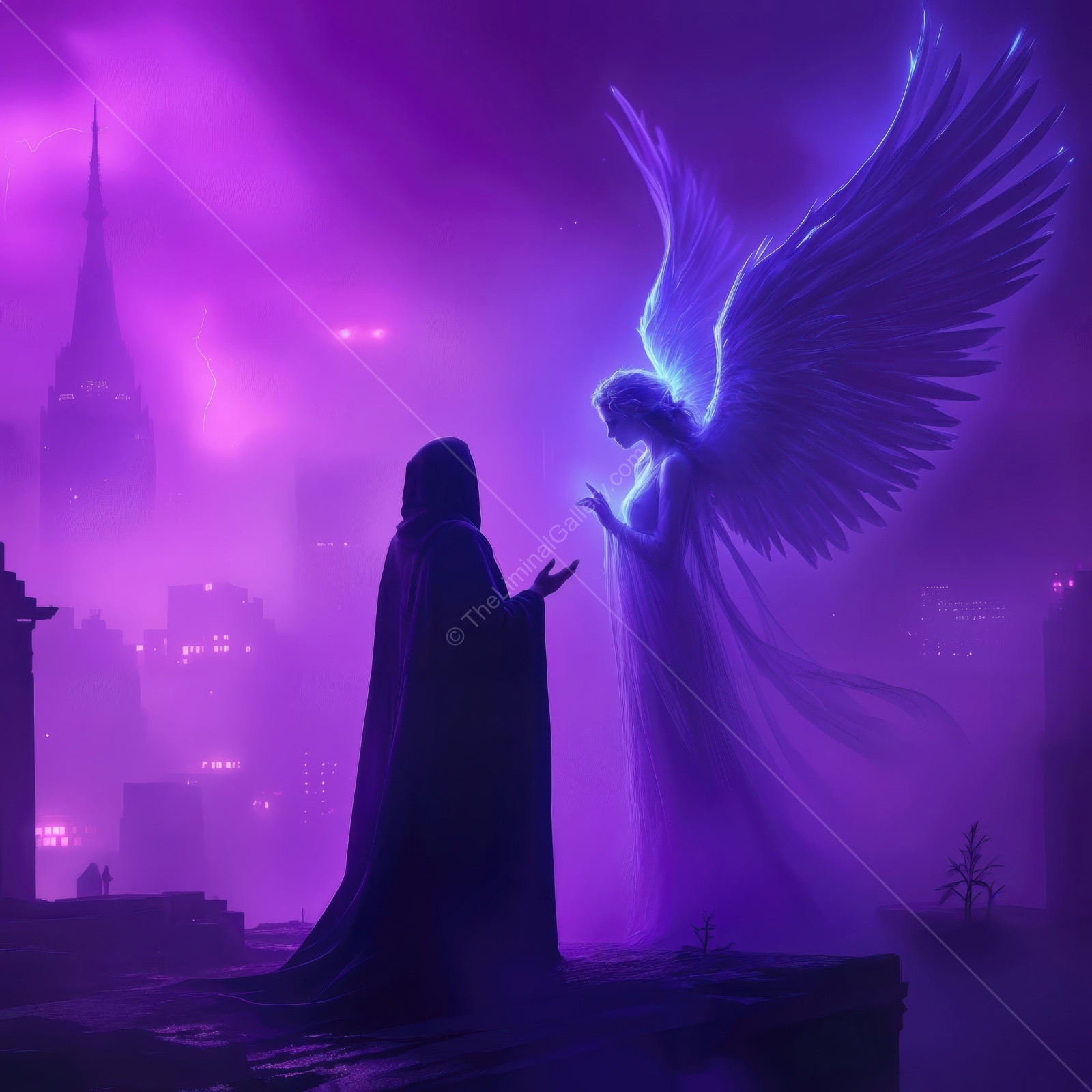 Mysterious encounter at twilight: an angel and a figure meet in a vibrant cityscape