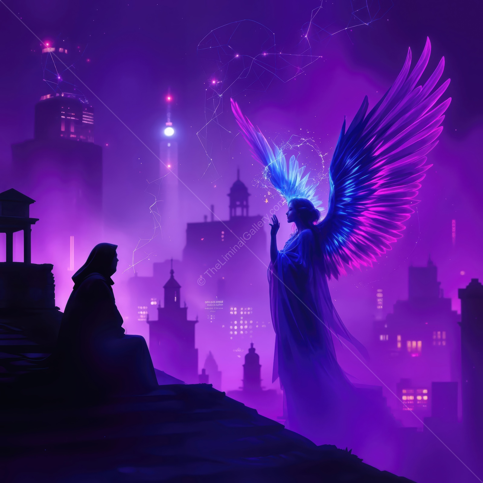 A mystical encounter between an angel and a figure in a neon cityscape at night