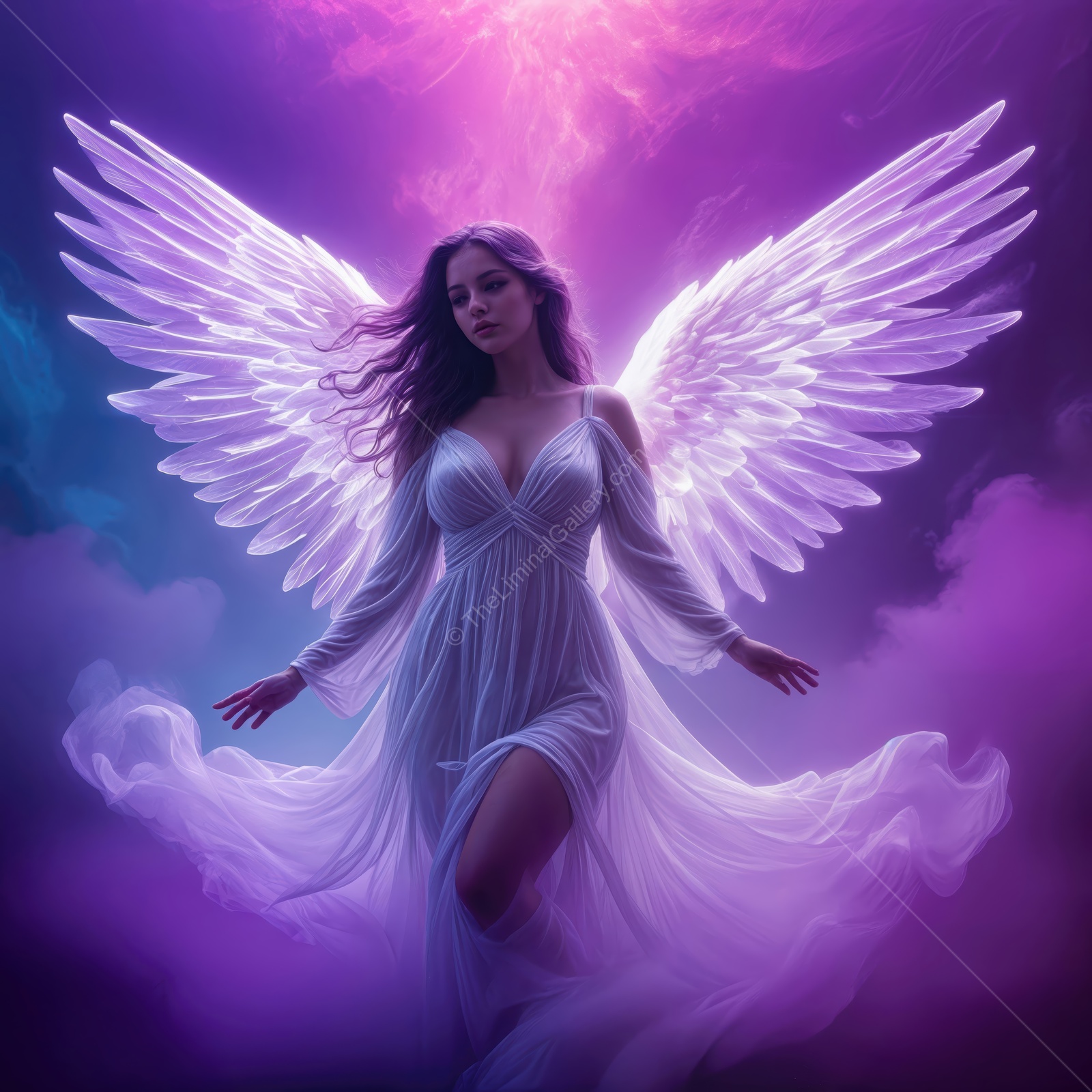 Elegant angel soaring through mystical clouds with radiant wings glowing in purple and blue light