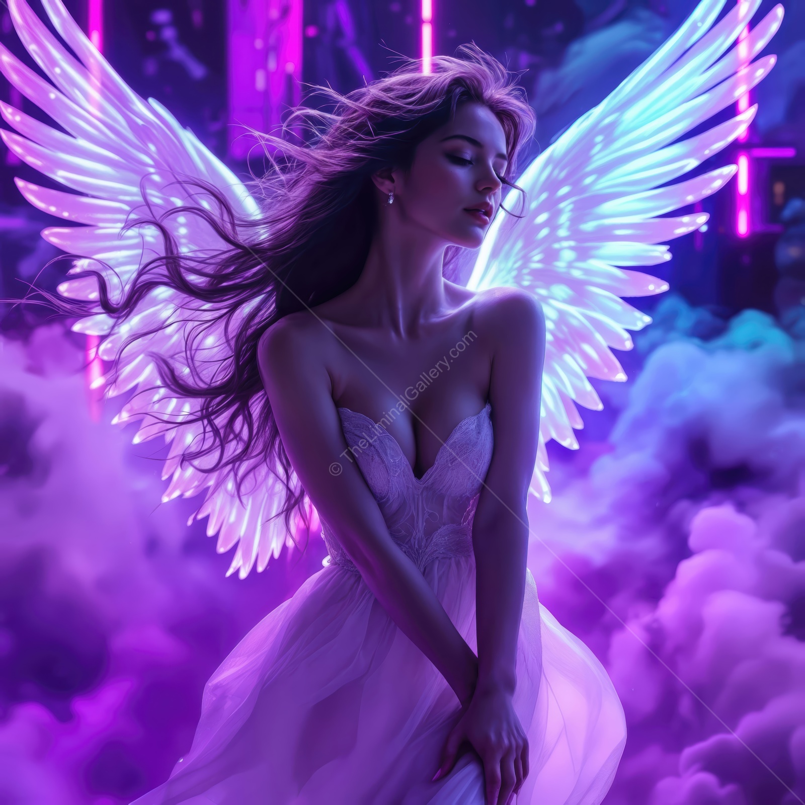 Glimpse of a dream: ethereal woman with glowing wings amidst colorful clouds and neon lights at twilight