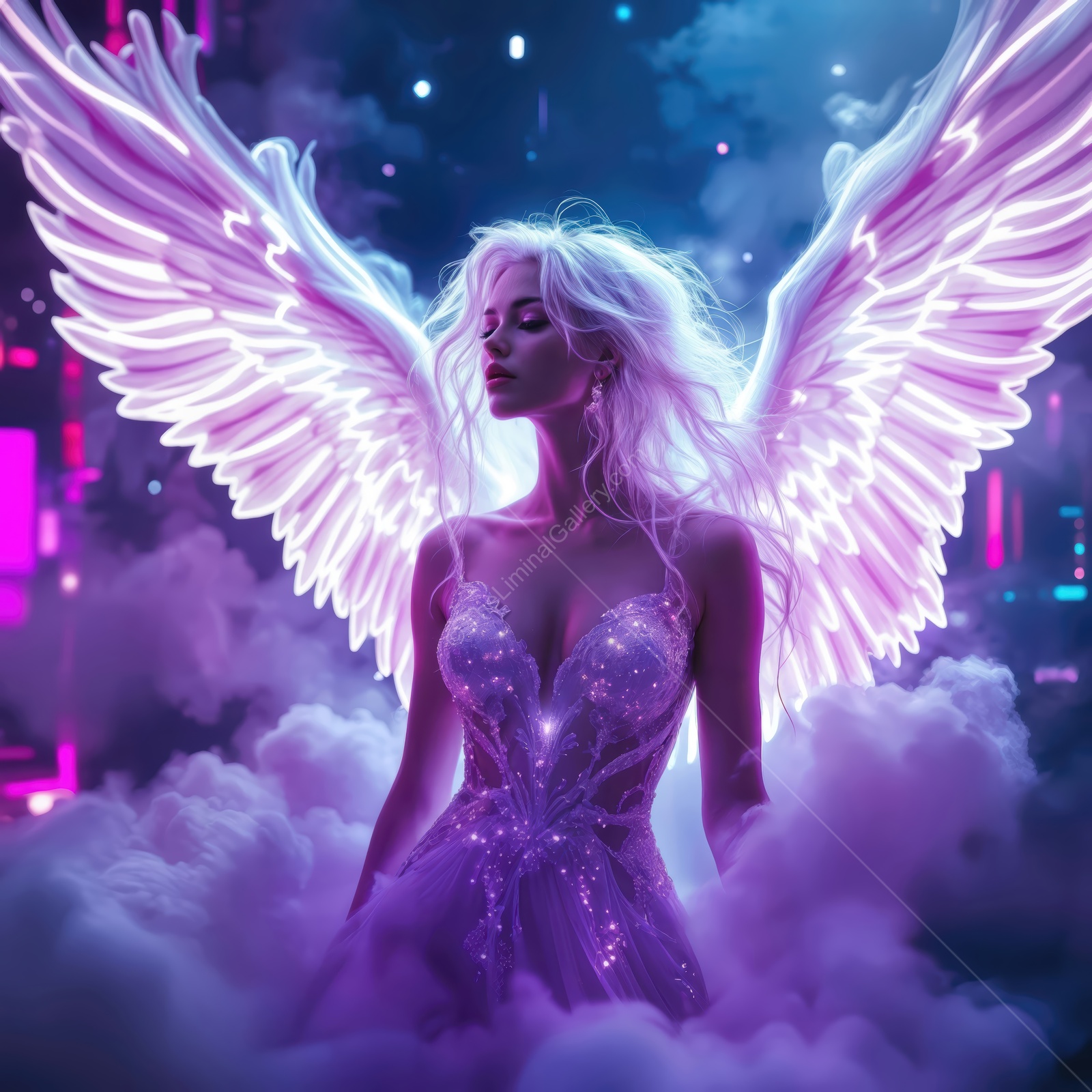 Ethereal figure with glowing wings stands among vibrant clouds in a neon cityscape at night