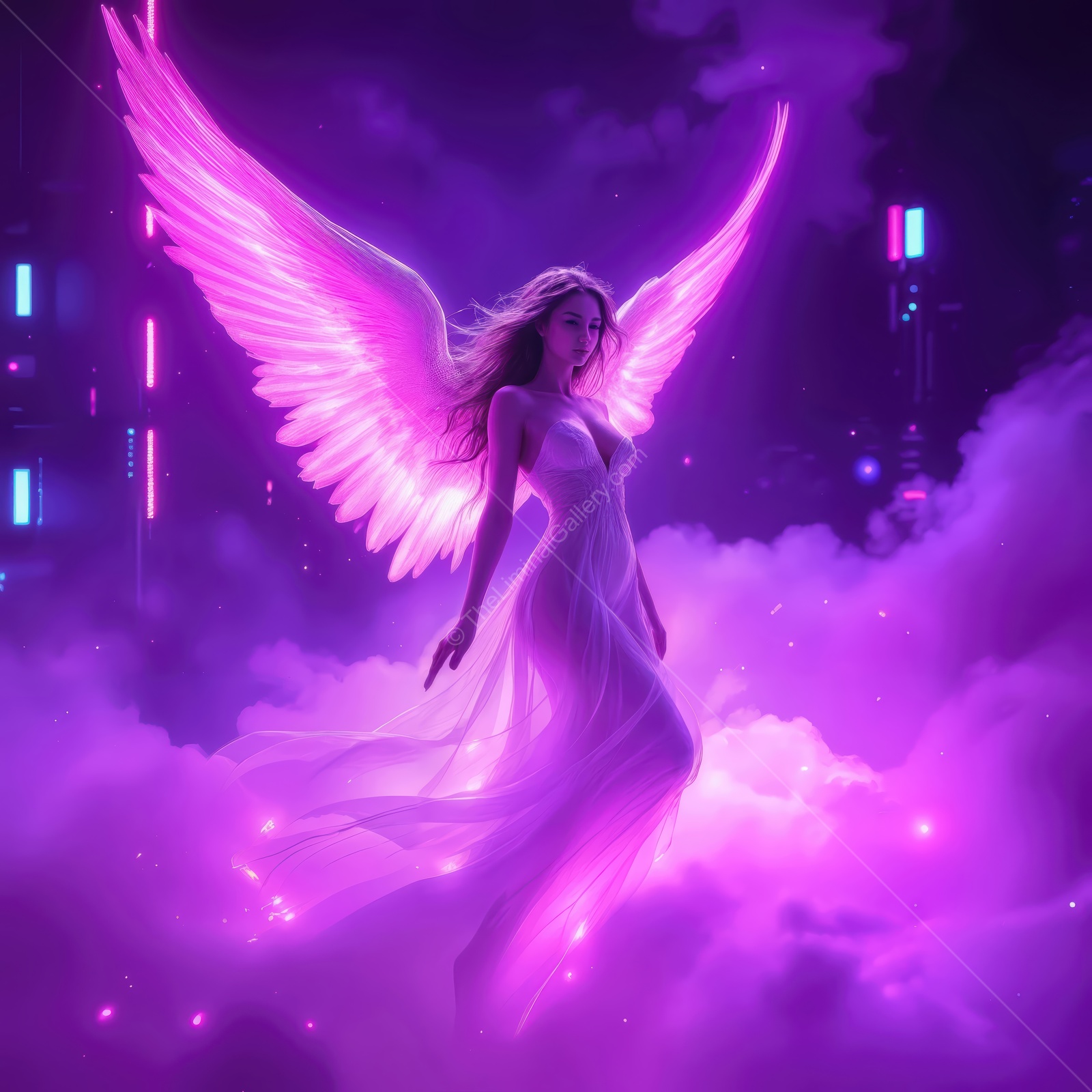 Ethereal angel with glowing wings emerges in a vibrant fantasy world filled with colorful lights and surreal beauty